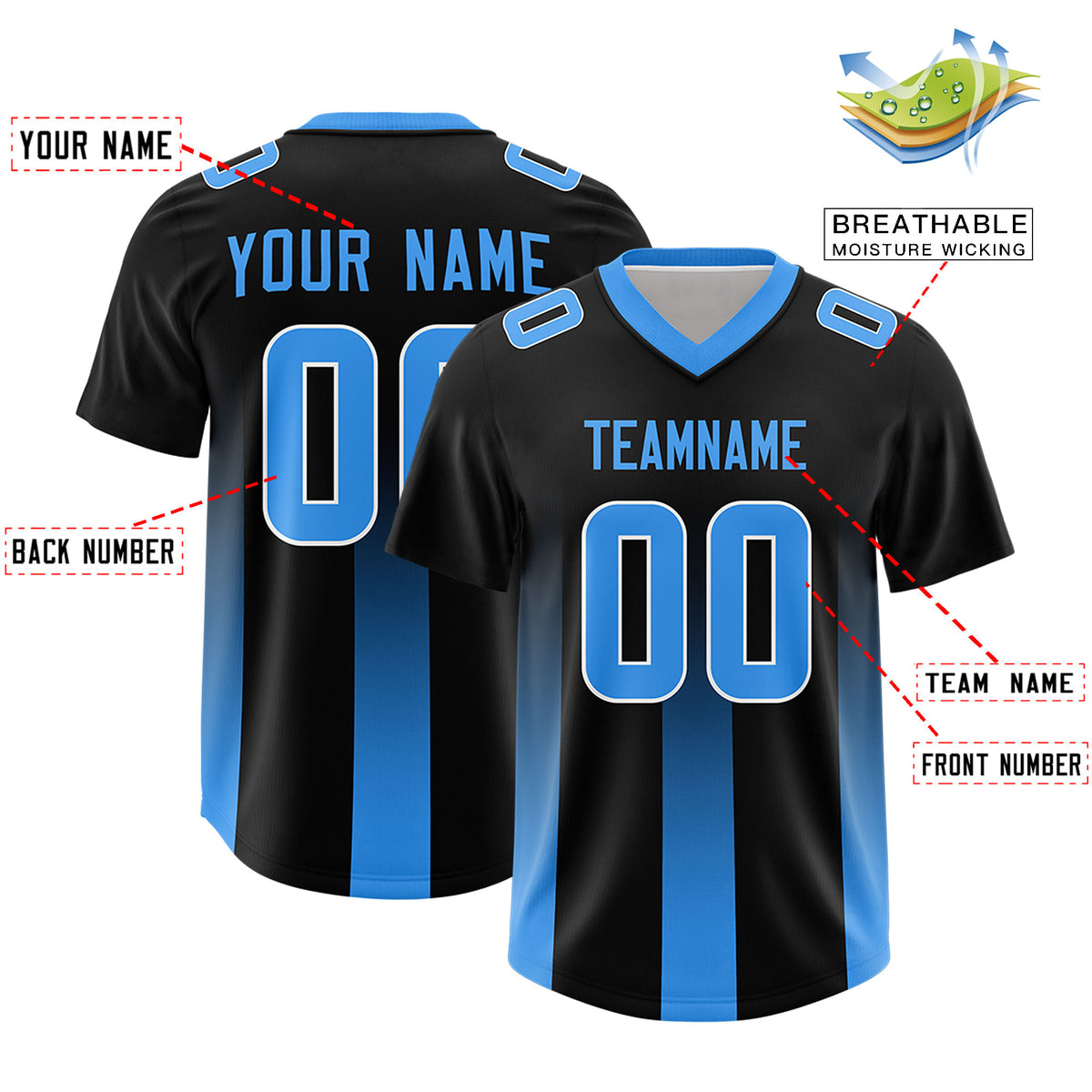 Custom Black Light Blue Vertical Width Stripe Gradient Fashion Personalized Team Football Jersey
