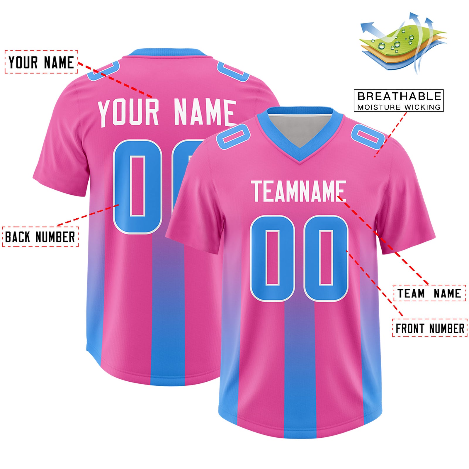 Custom Pink Light Blue Vertical Width Stripe Gradient Fashion Personalized Team Football Jersey