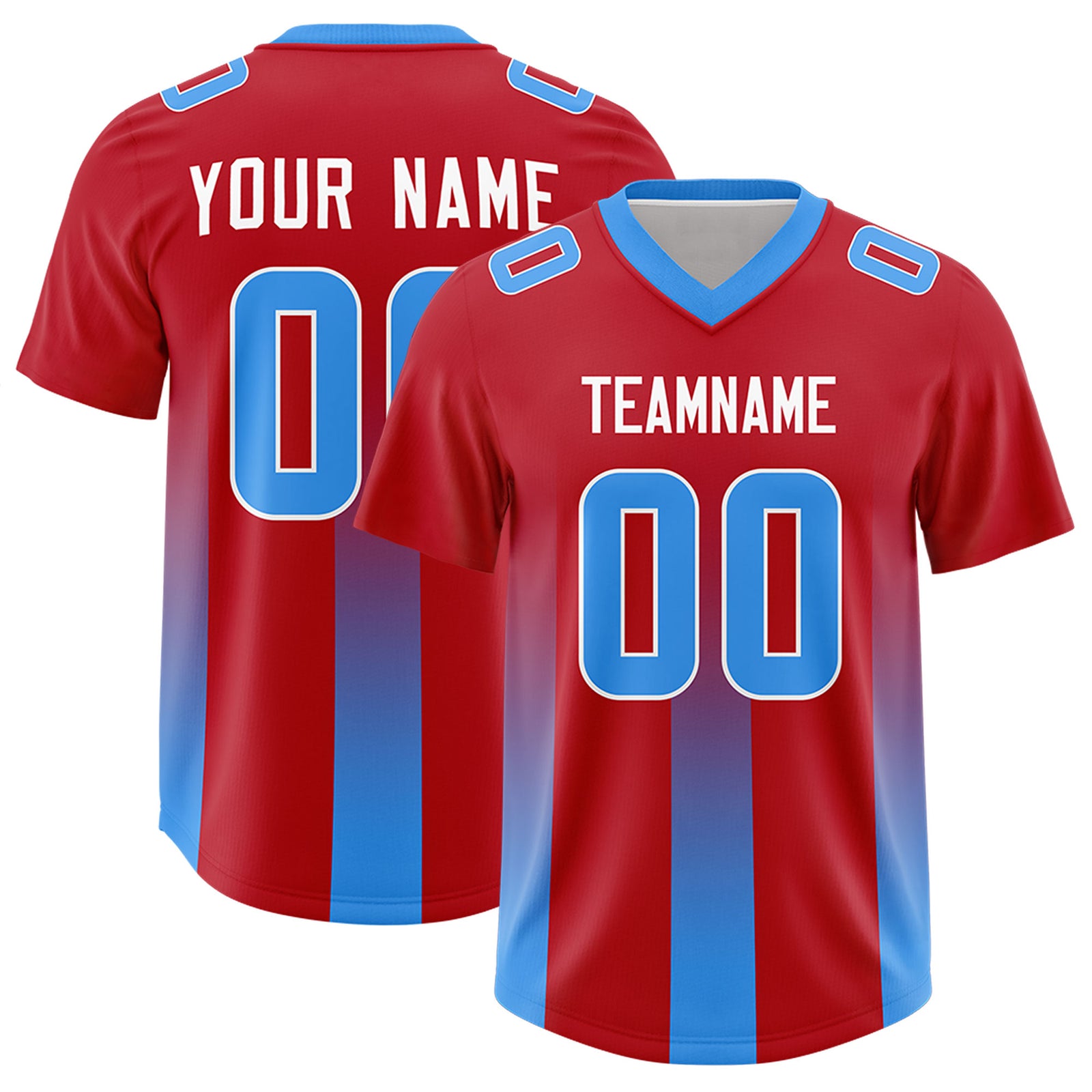 Custom Red Light Blue Vertical Width Stripe Gradient Fashion Personalized Team Football Jersey