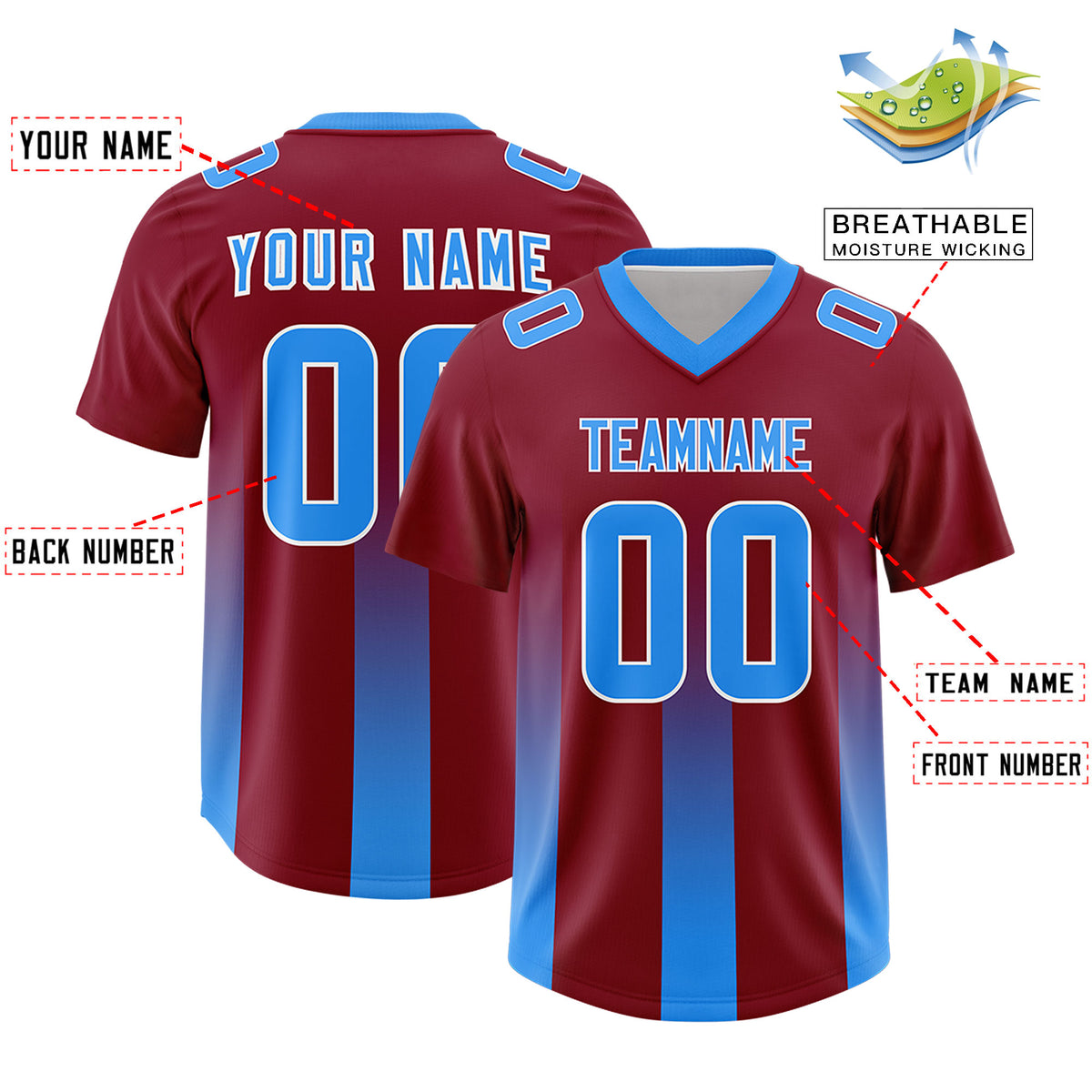 Custom Cardinal Light Blue Vertical Width Stripe Gradient Fashion Personalized Team Football Jersey