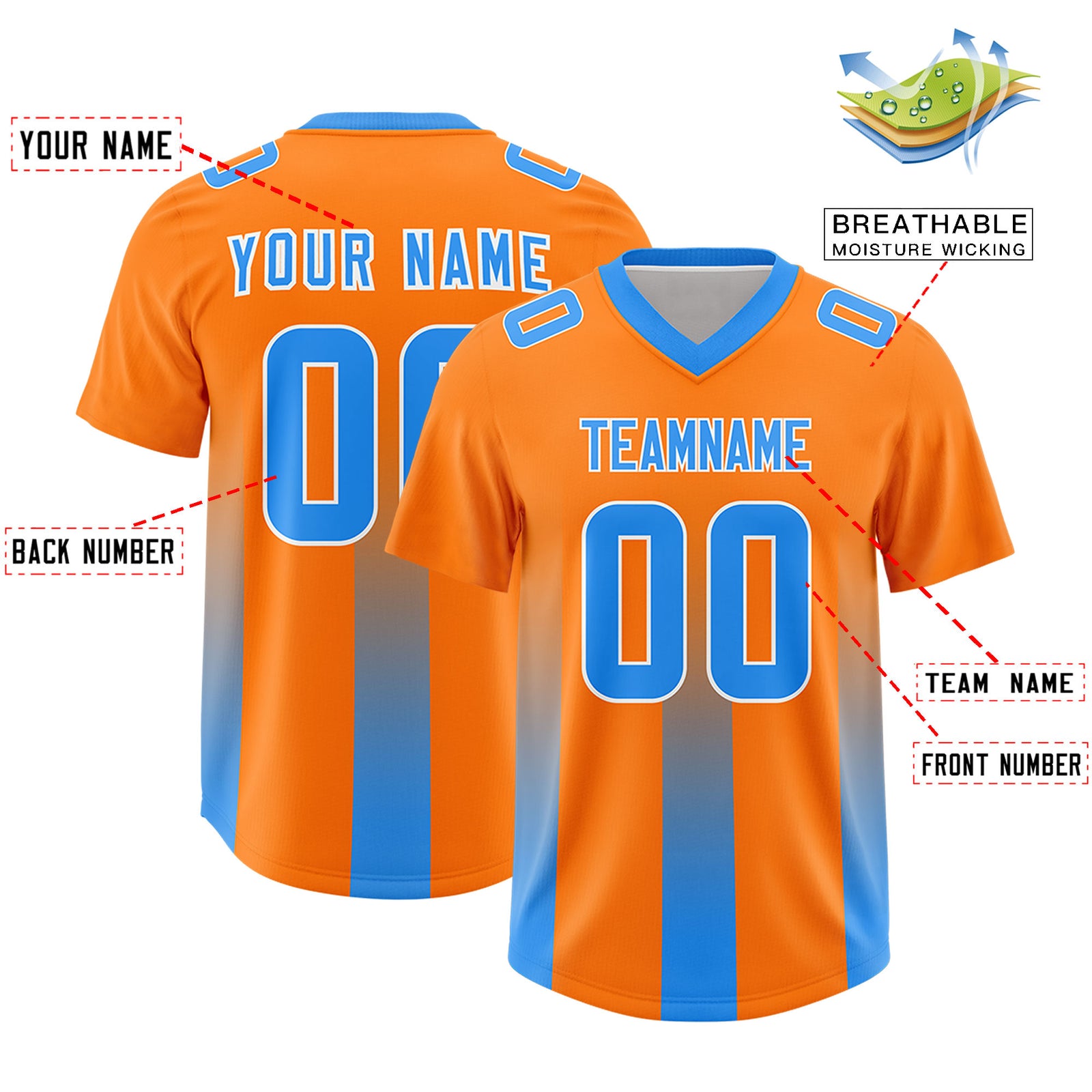 Custom Orange Light Blue Vertical Width Stripe Gradient Fashion Personalized Team Football Jersey
