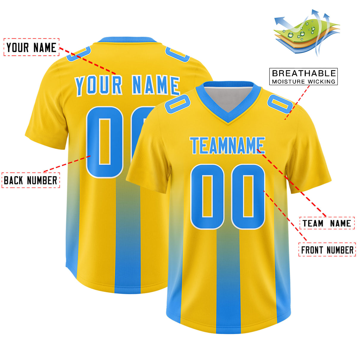 Custom Yellow Light Blue Vertical Width Stripe Gradient Fashion Personalized Team Football Jersey