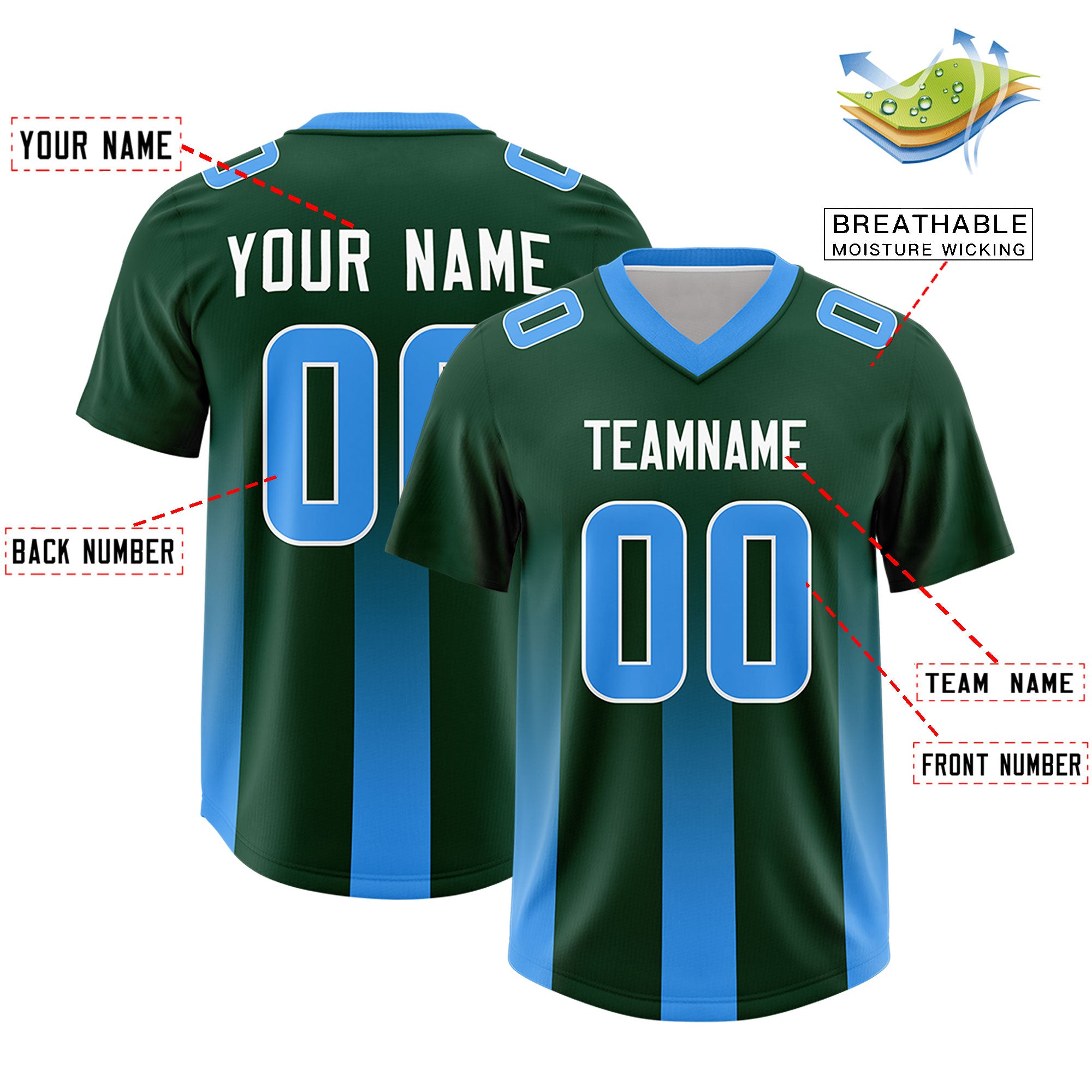Custom Green Light Blue Vertical Width Stripe Gradient Fashion Personalized Team Football Jersey