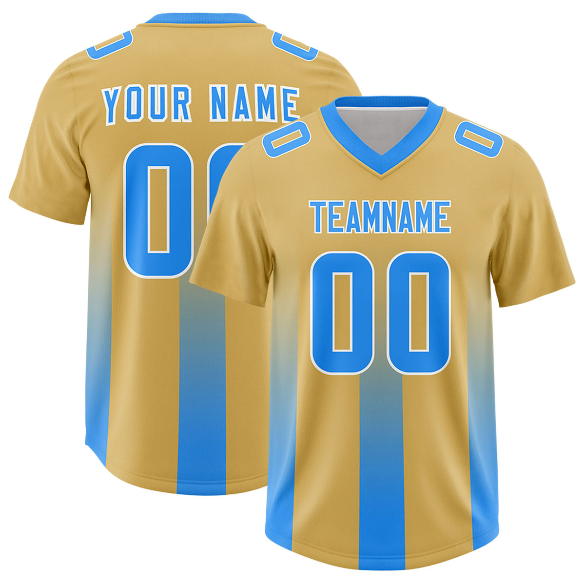 Custom Khaki Light Blue Vertical Width Stripe Gradient Fashion Personalized Team Football Jersey