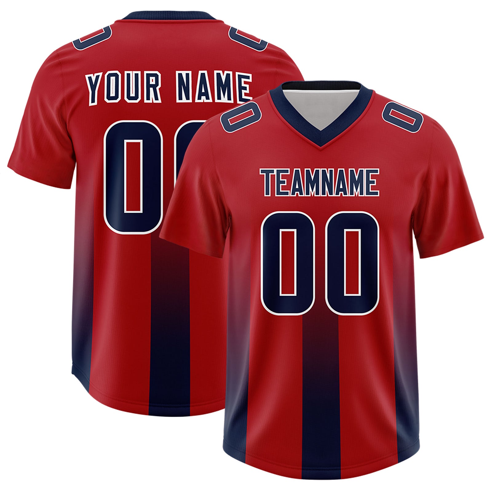 Custom Red Navy Vertical Width Stripe Gradient Fashion Personalized Team Football Jersey