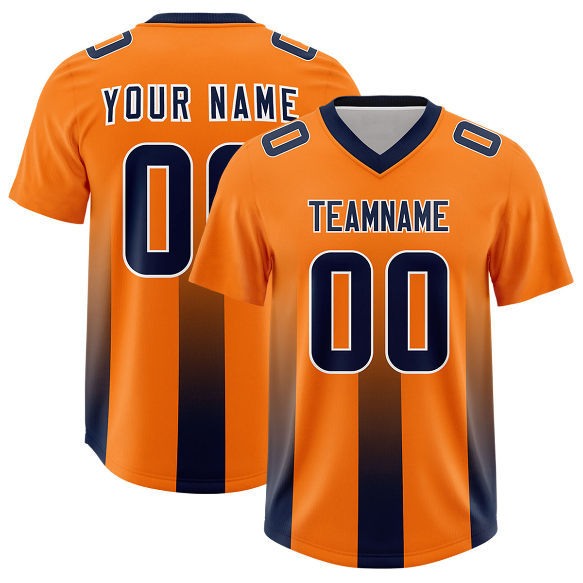 Custom Orange Navy Vertical Width Stripe Gradient Fashion Personalized Team Football Jersey