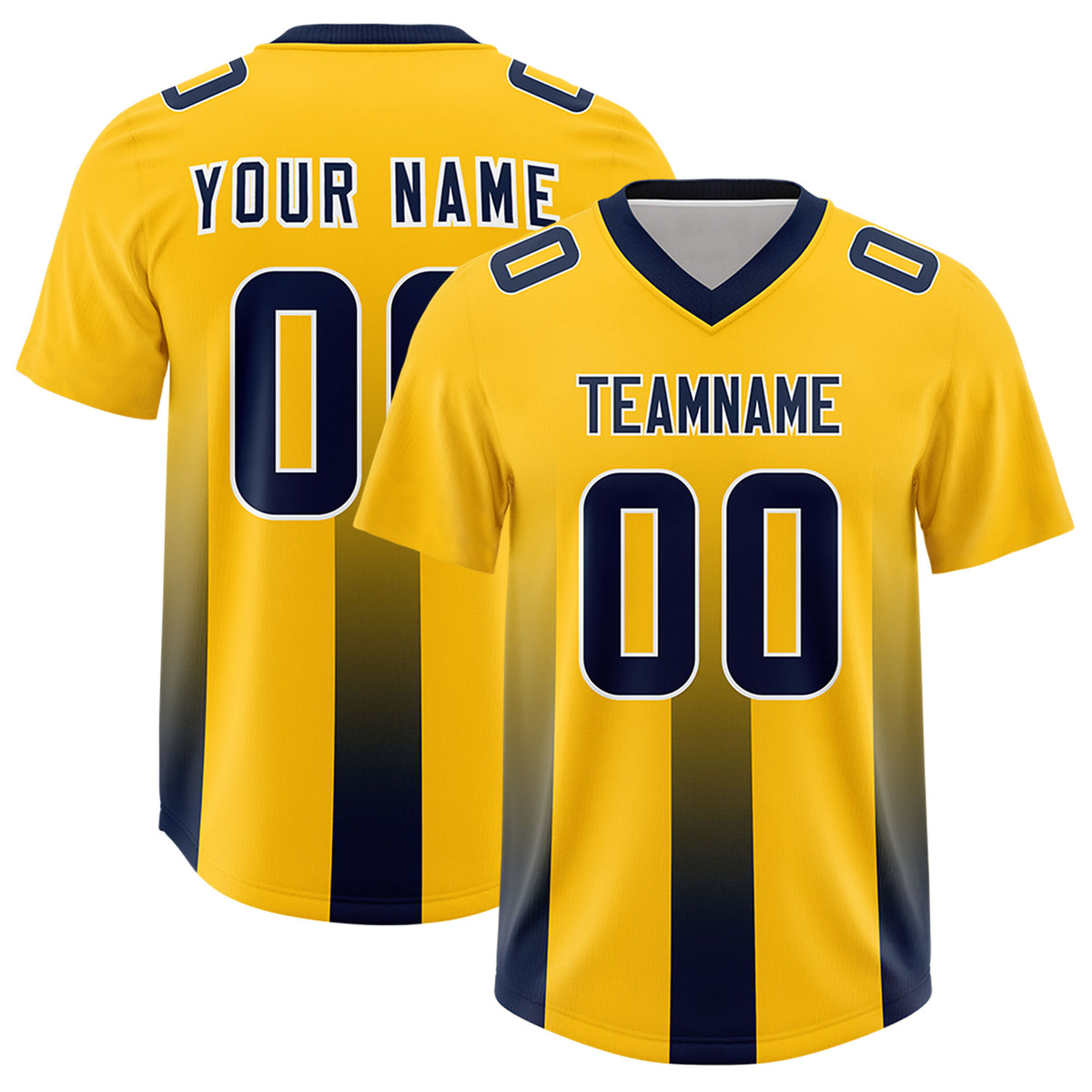Custom Yellow Navy Vertical Width Stripe Gradient Fashion Personalized Team Football Jersey