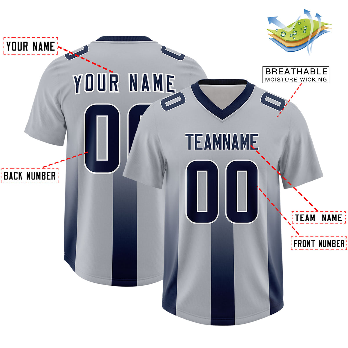 Custom Gray Navy Vertical Width Stripe Gradient Fashion Personalized Team Football Jersey