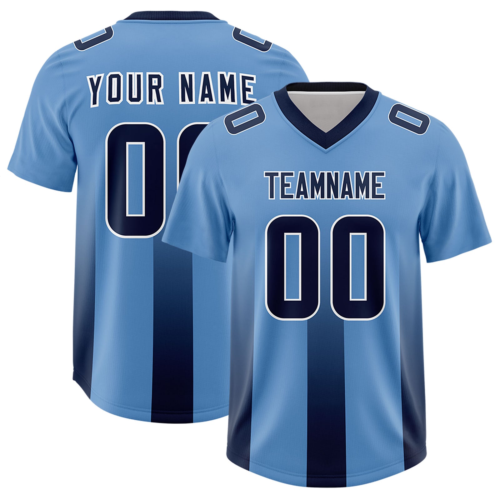 Custom Powder Blue Navy Vertical Width Stripe Gradient Fashion Personalized Team Football Jersey