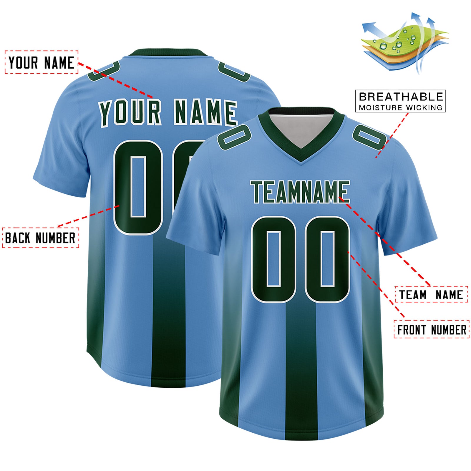 Custom Powder Blue Green Vertical Width Stripe Gradient Fashion Personalized Team Football Jersey