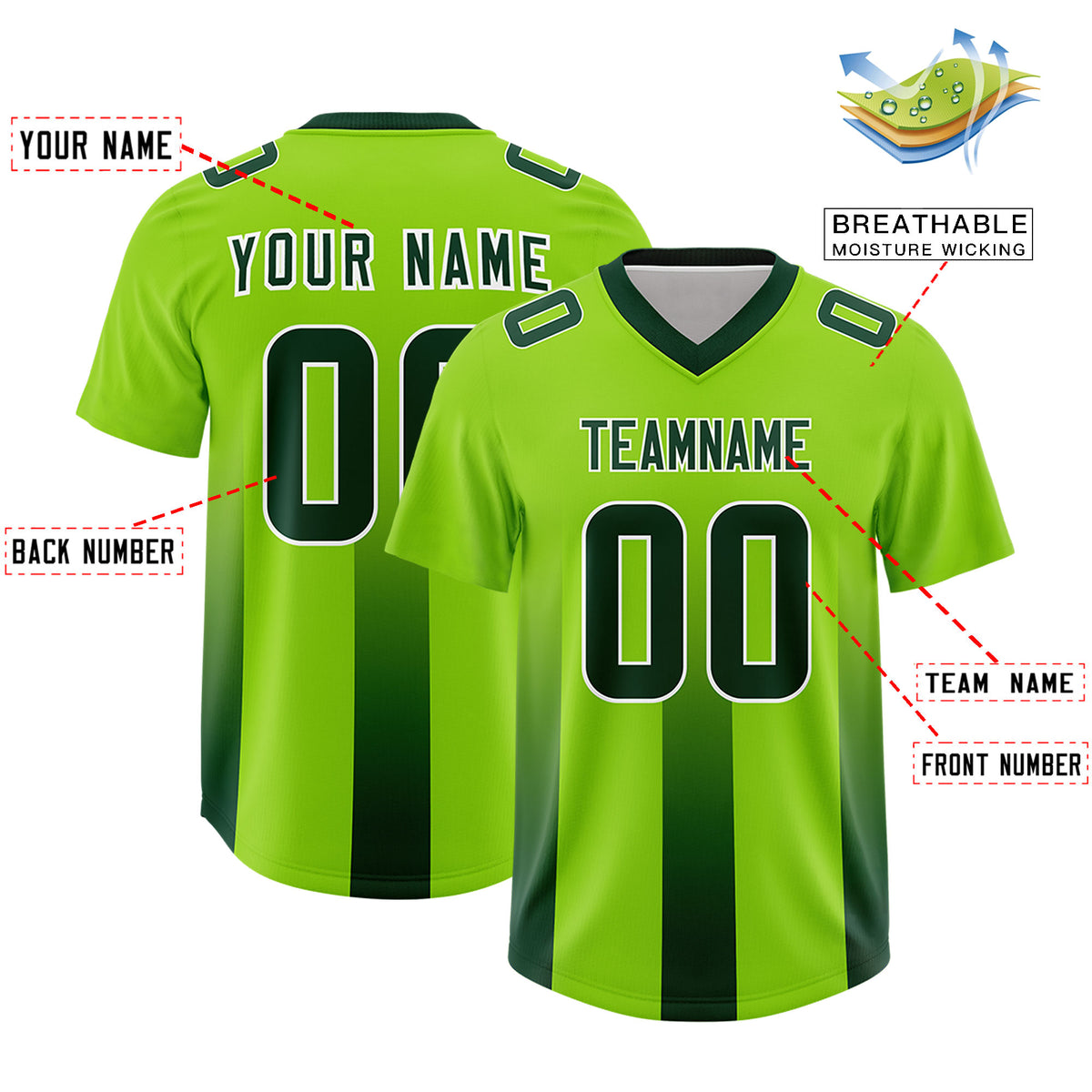 Custom Neon Green Green Vertical Width Stripe Gradient Fashion Personalized Team Football Jersey