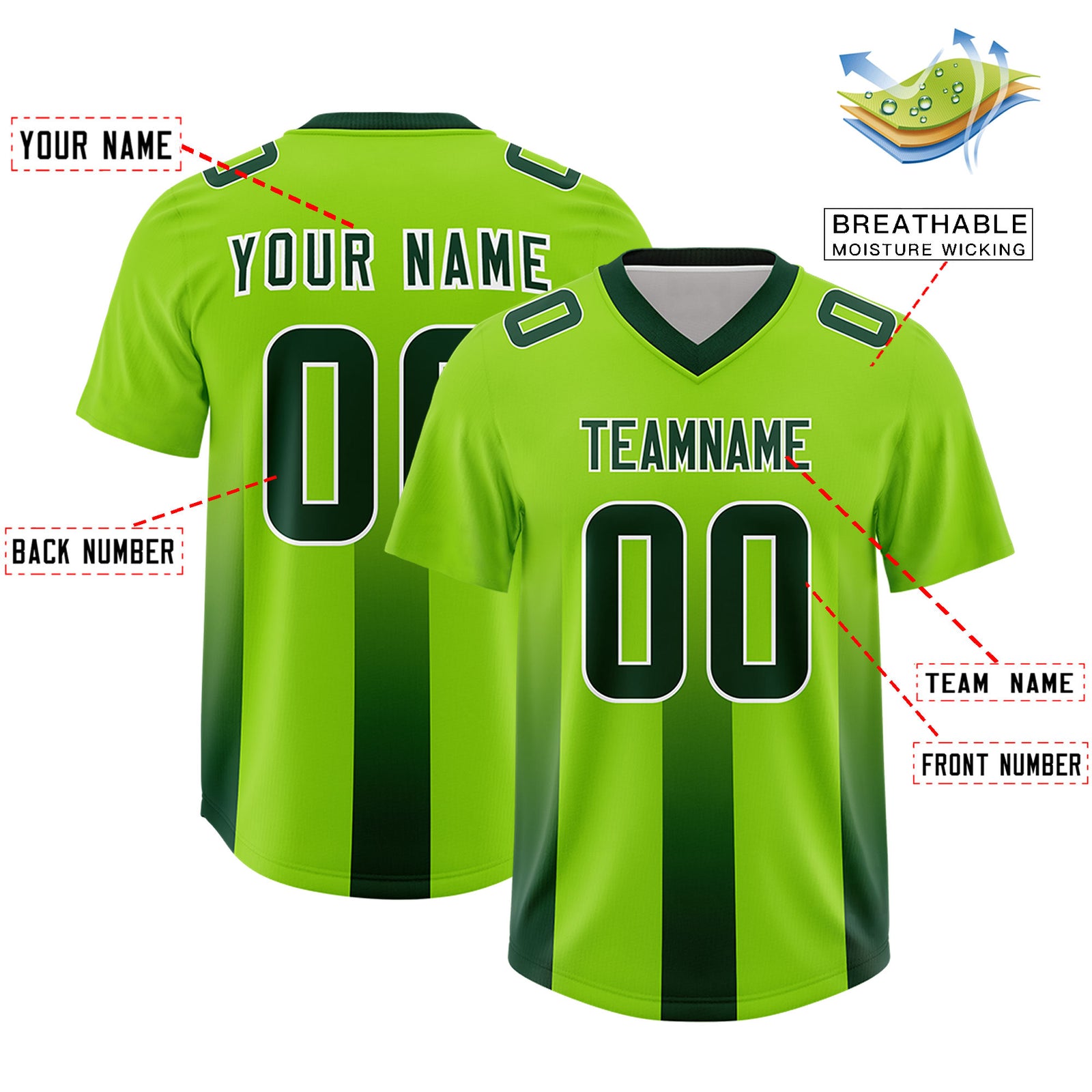 Custom Neon Green Green Vertical Width Stripe Gradient Fashion Personalized Team Football Jersey