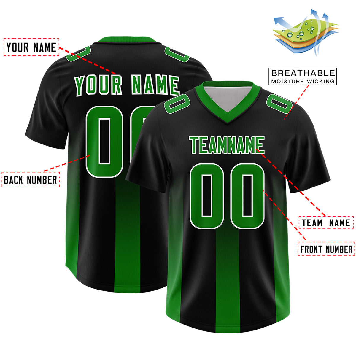 Custom Black Kelly Green Vertical Width Stripe Gradient Fashion Personalized Team Football Jersey