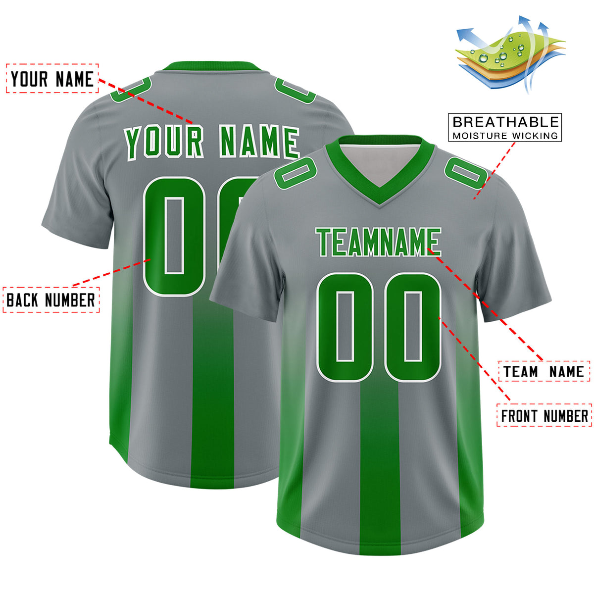 Custom Dark Gray Kelly Green Vertical Width Stripe Gradient Fashion Personalized Team Football Jersey