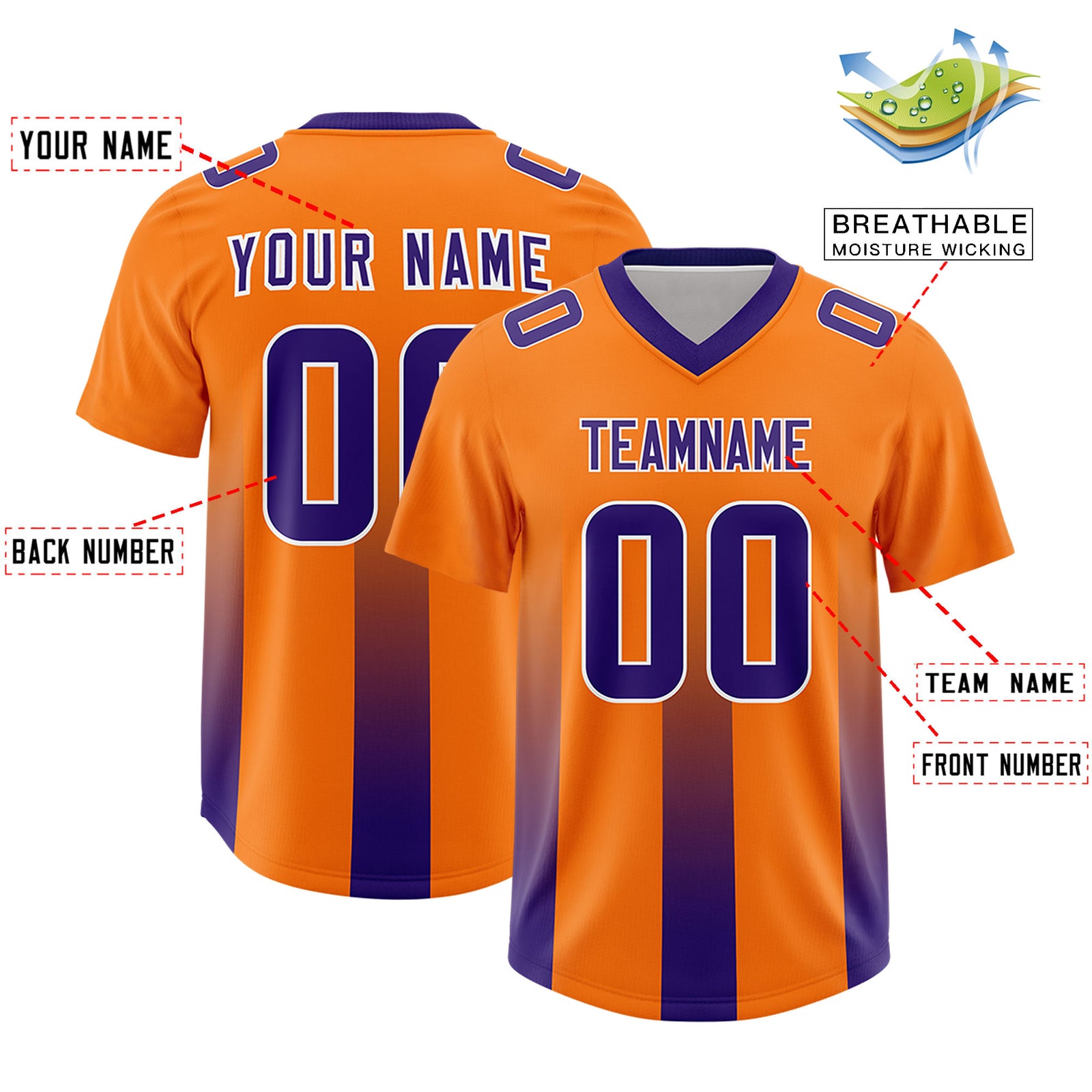 Custom Orange Purple Vertical Width Stripe Gradient Fashion Personalized Team Football Jersey