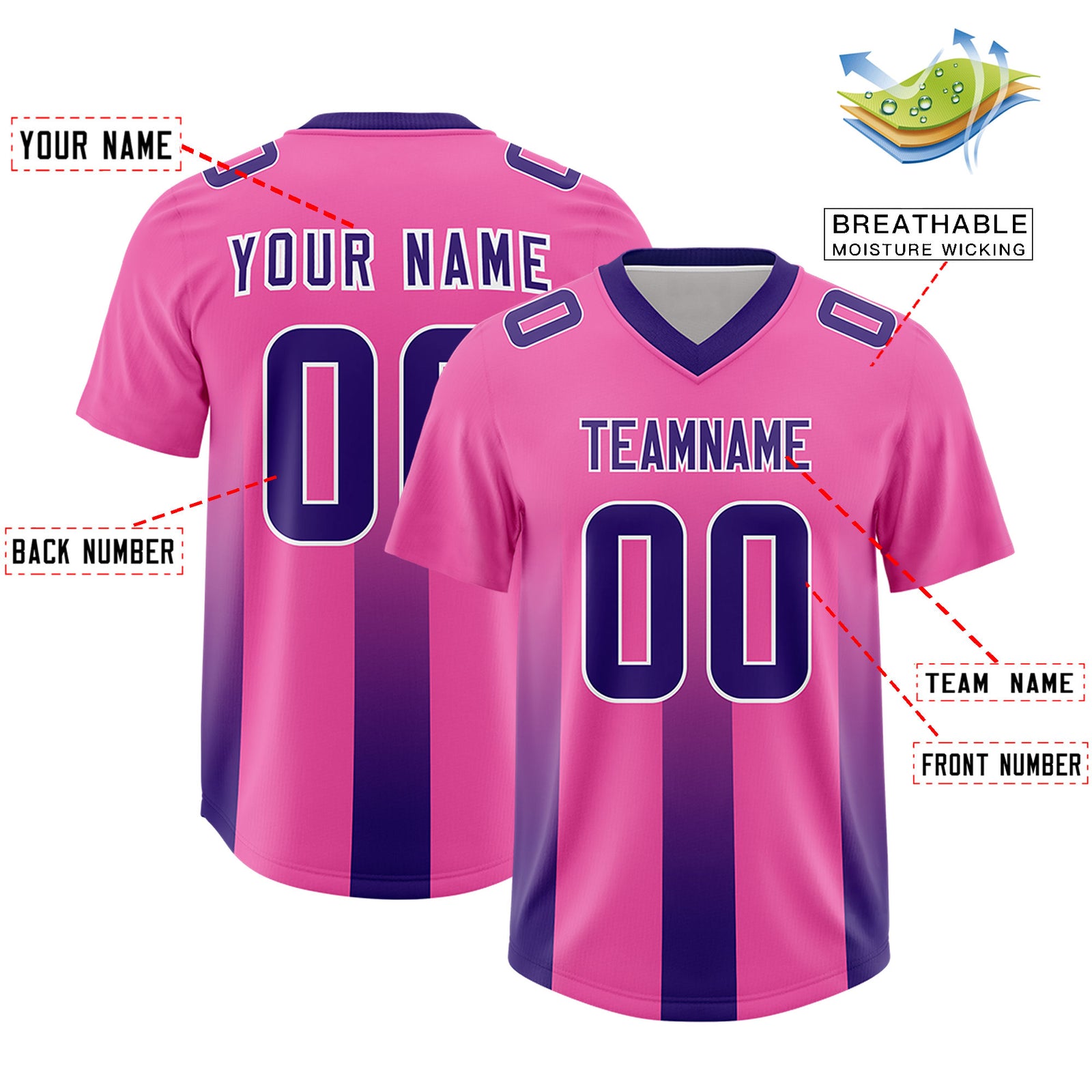 Custom Pink Purple Vertical Width Stripe Gradient Fashion Personalized Team Football Jersey