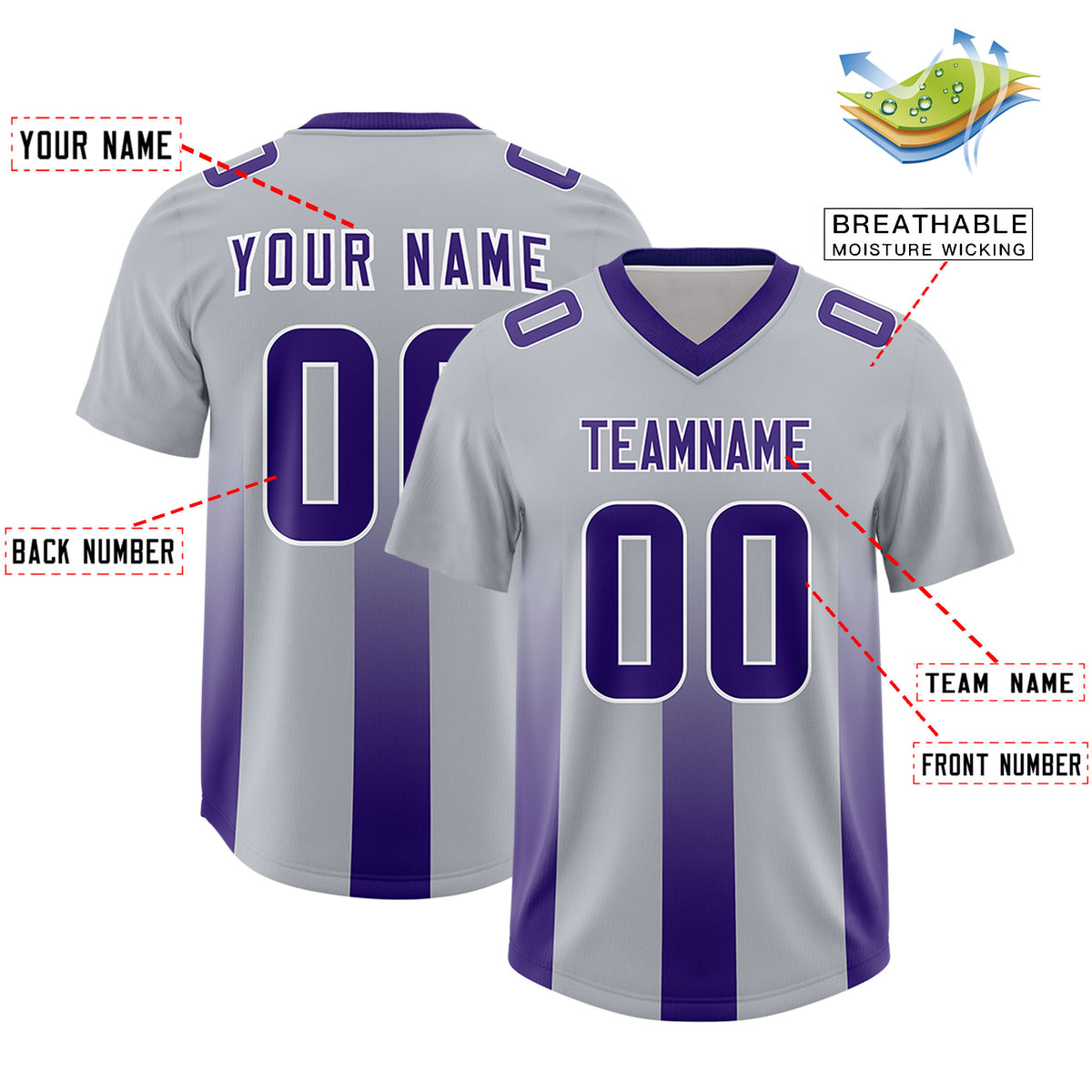 Custom Gray Purple Vertical Width Stripe Gradient Fashion Personalized Team Football Jersey