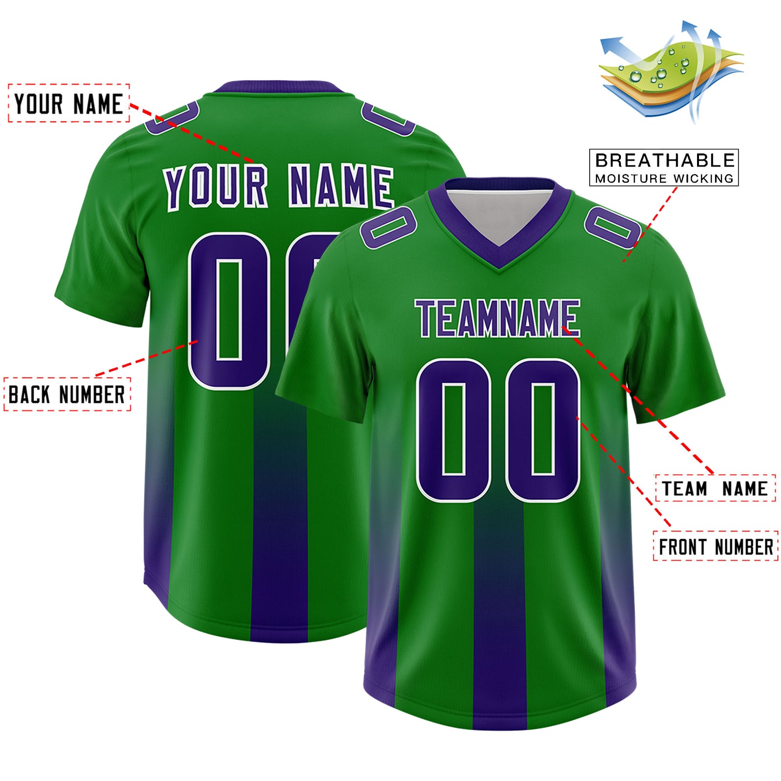 Custom Kelly Green Purple Vertical Width Stripe Gradient Fashion Personalized Team Football Jersey
