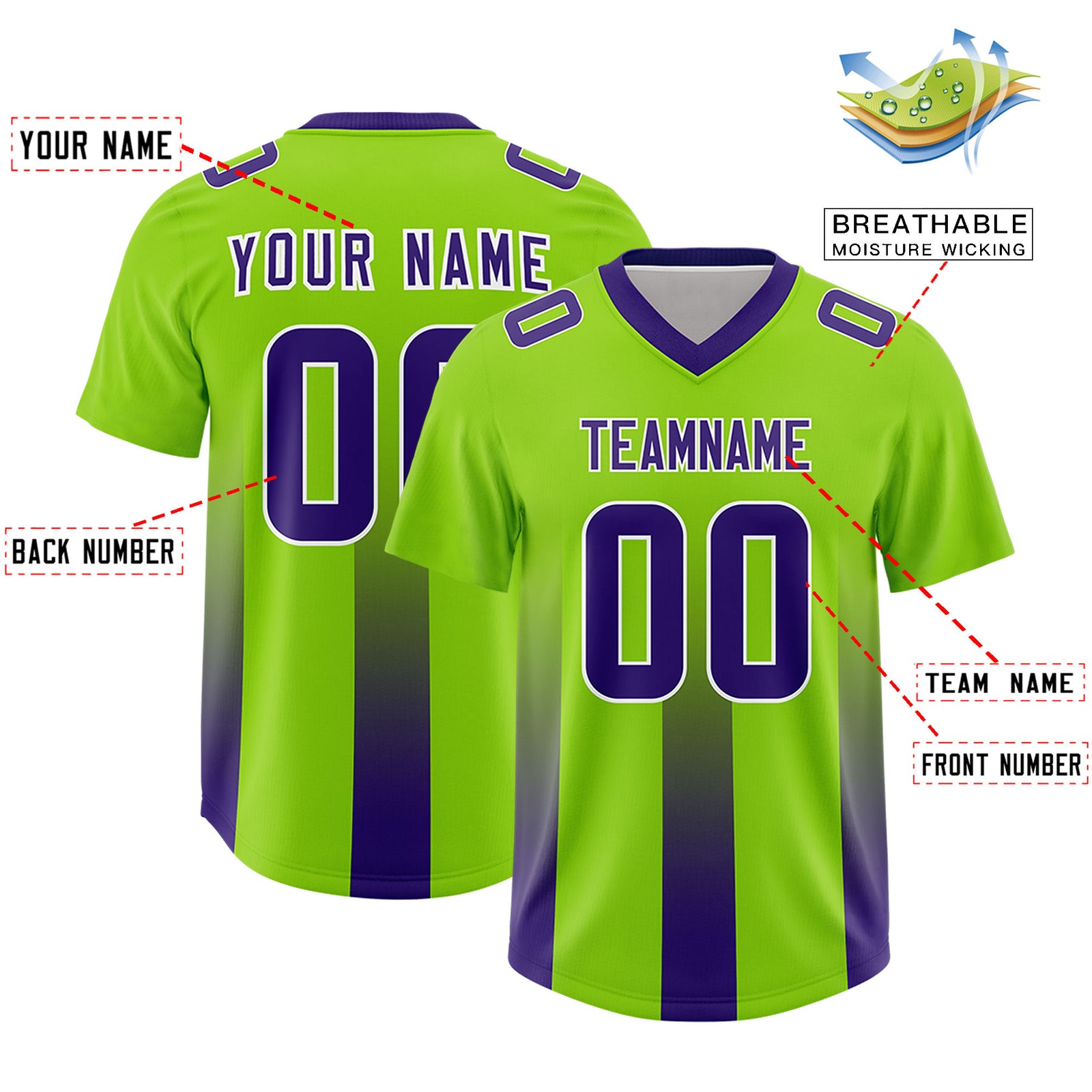 Custom Neon Green Purple Vertical Width Stripe Gradient Fashion Personalized Team Football Jersey