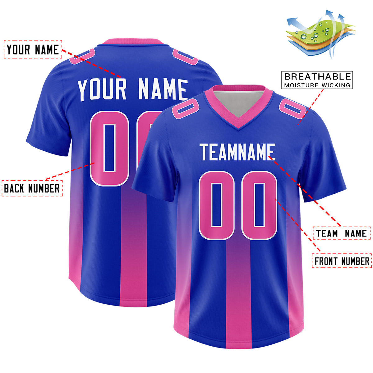 Custom Royal Pink Vertical Width Stripe Gradient Fashion Personalized Team Football Jersey