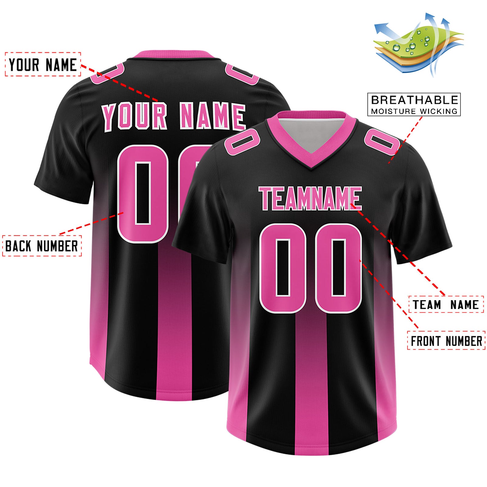 Custom Black Pink Vertical Width Stripe Gradient Fashion Personalized Team Football Jersey