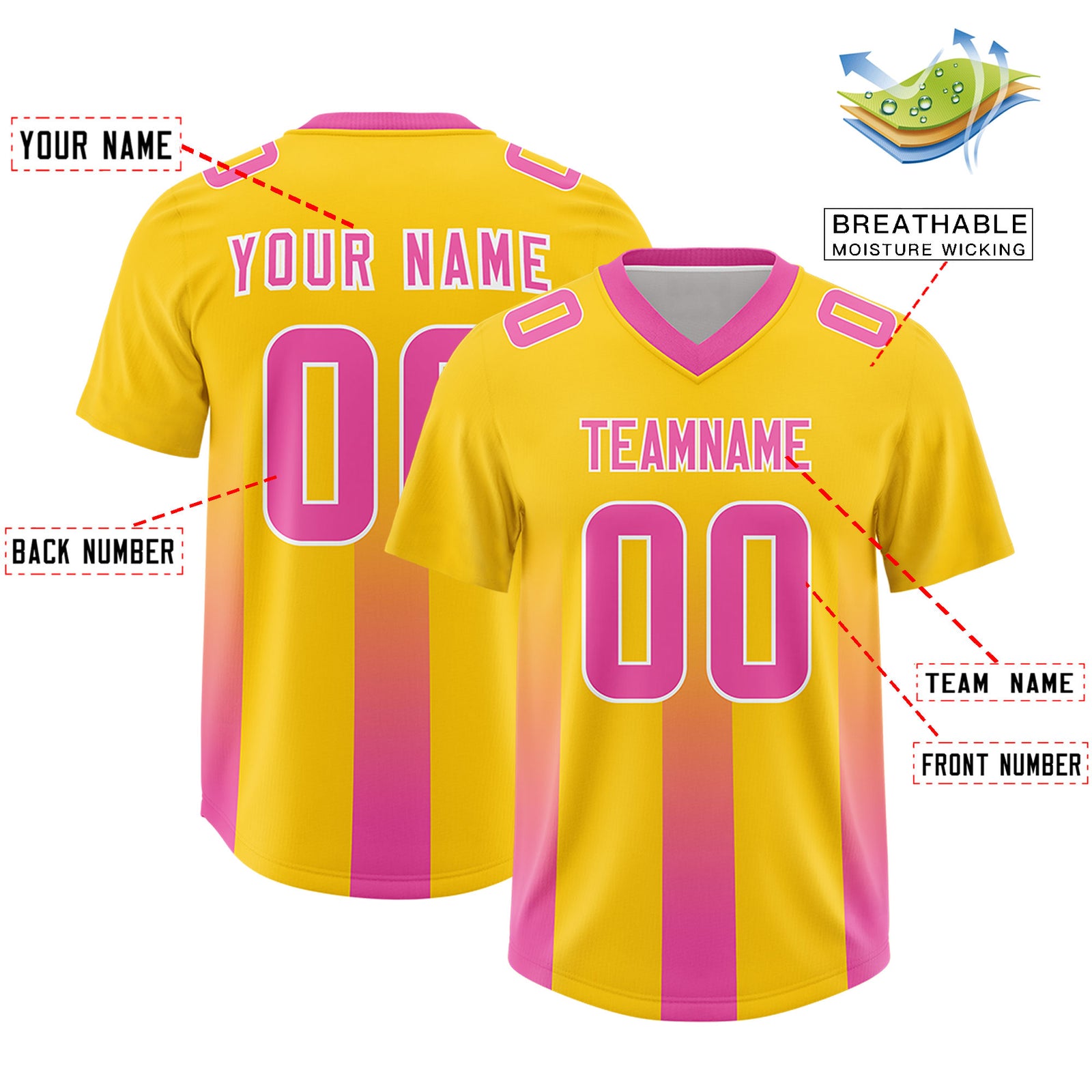Custom Yellow Pink Vertical Width Stripe Gradient Fashion Personalized Team Football Jersey