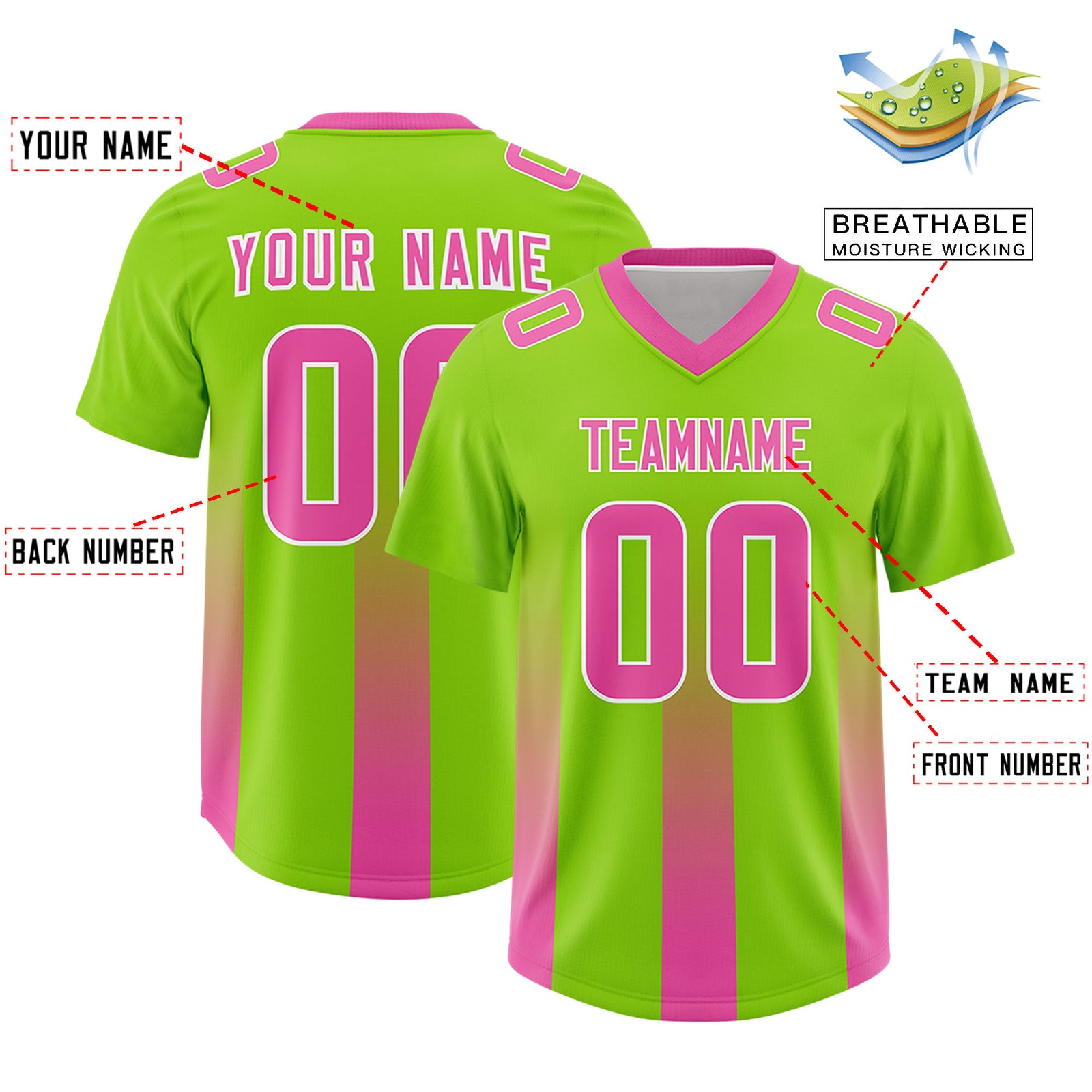 Custom Neon Green Pink Vertical Width Stripe Gradient Fashion Personalized Team Football Jersey