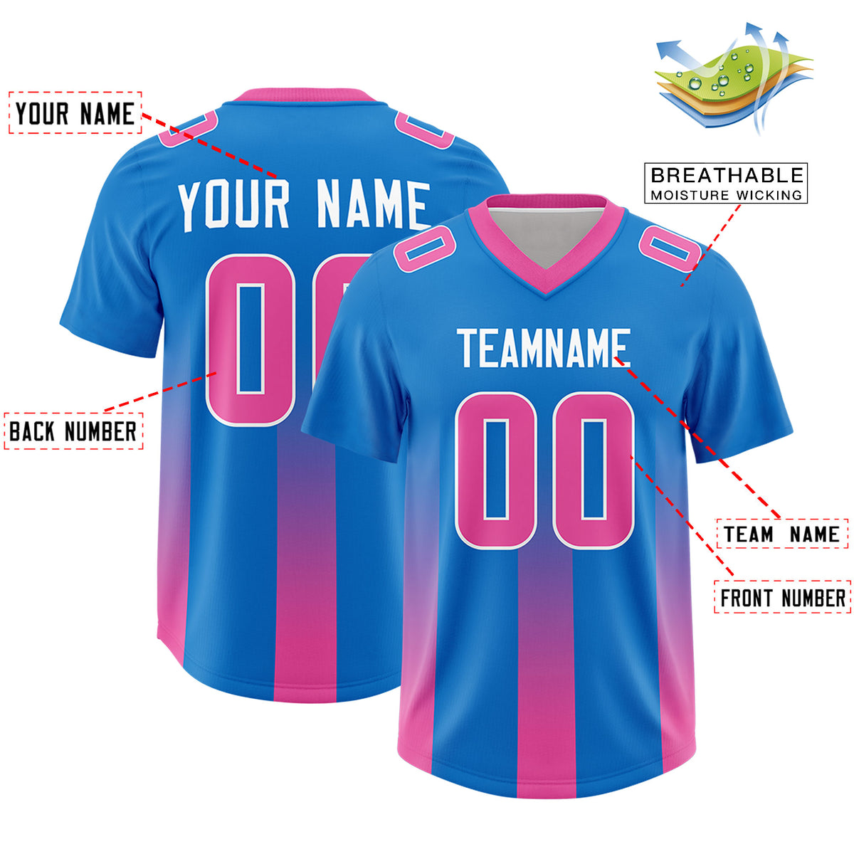 Custom Royal Pink Vertical Width Stripe Gradient Fashion Personalized Team Football Jersey