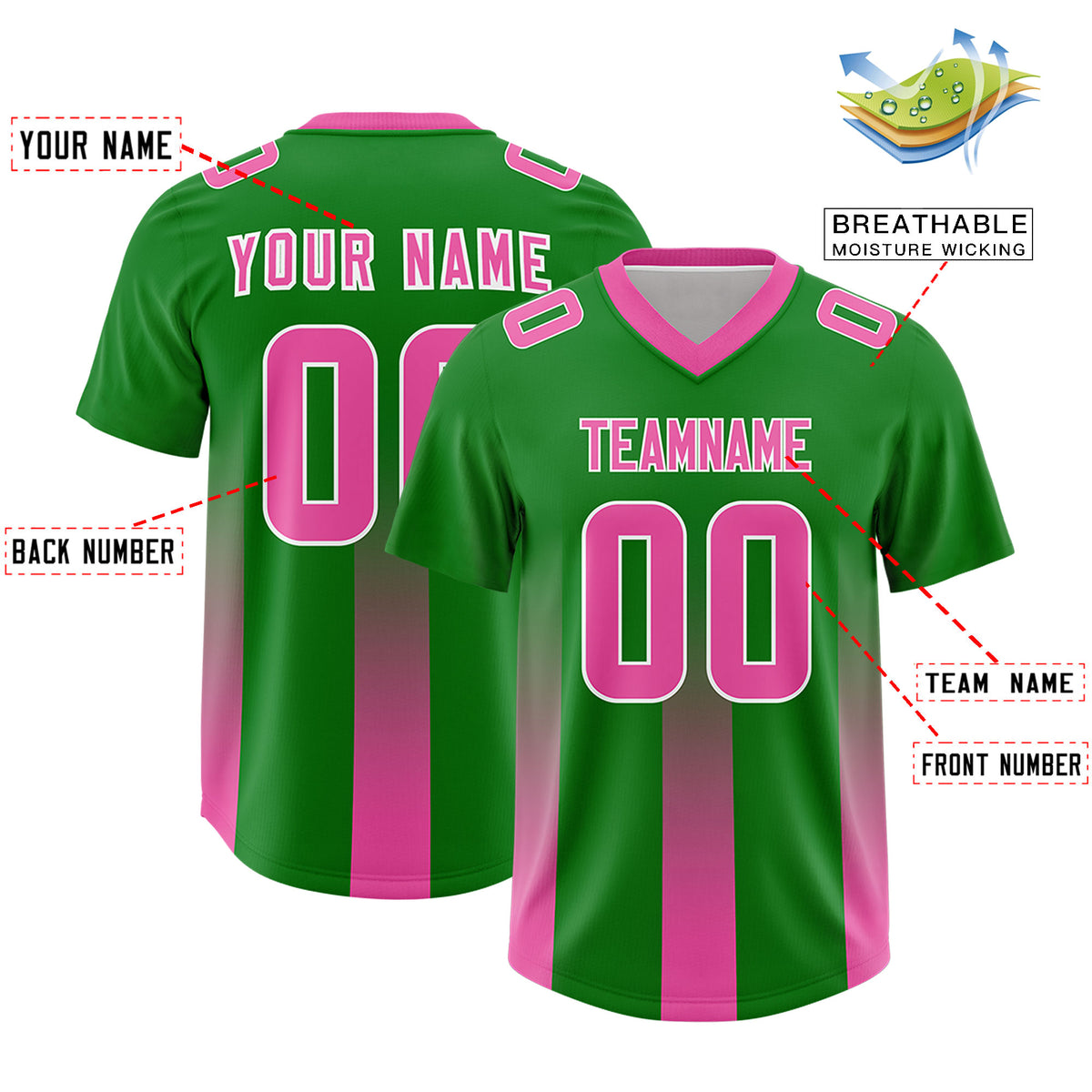 Custom Kelly Green Pink Vertical Width Stripe Gradient Fashion Personalized Team Football Jersey