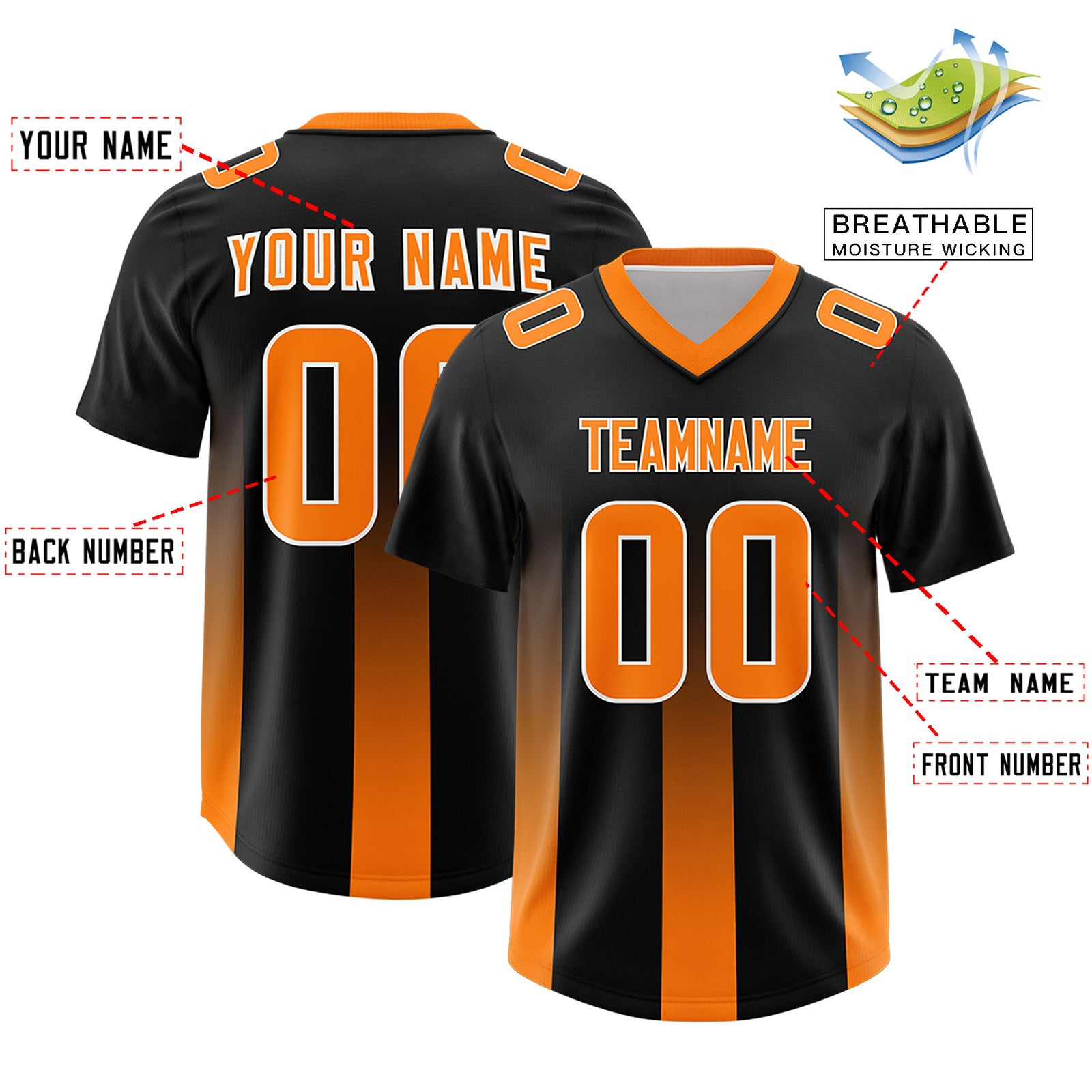 Custom Black Orange Vertical Width Stripe Gradient Fashion Personalized Team Football Jersey