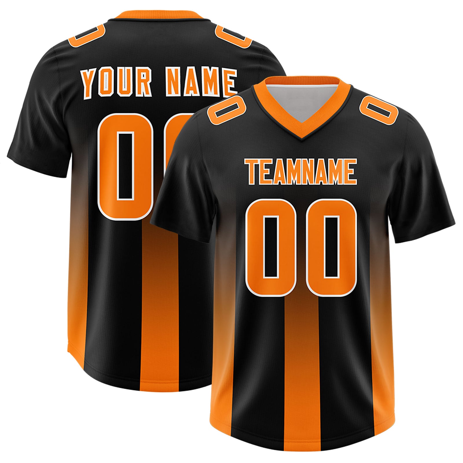 Custom Black Orange Vertical Width Stripe Gradient Fashion Personalized Team Football Jersey