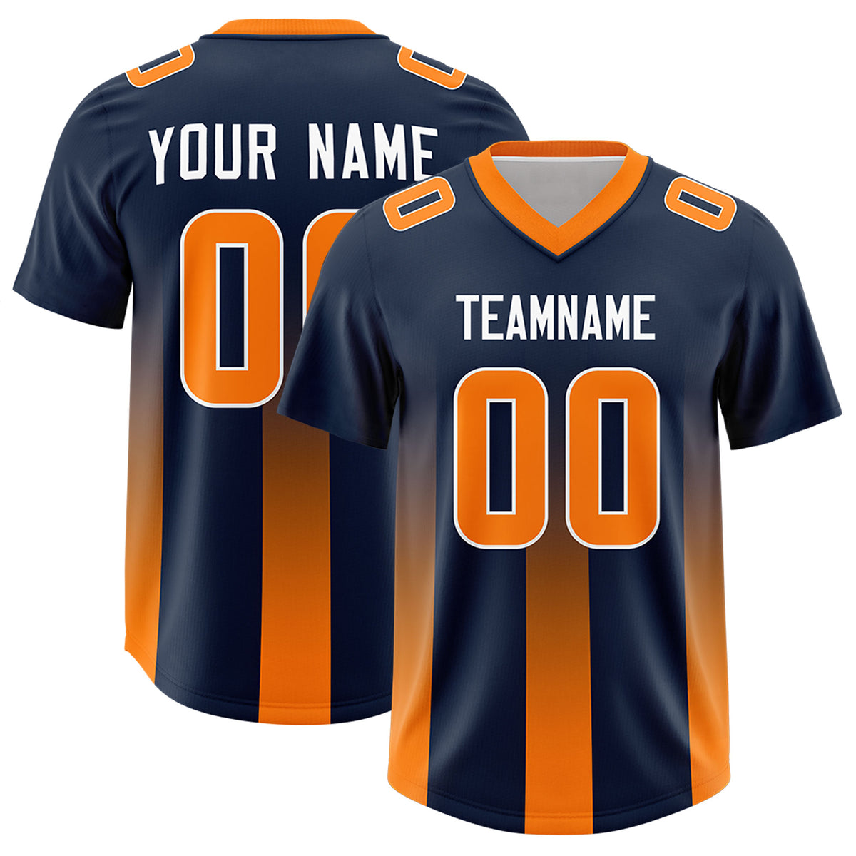 Custom Navy Orange Vertical Width Stripe Gradient Fashion Personalized Team Football Jersey