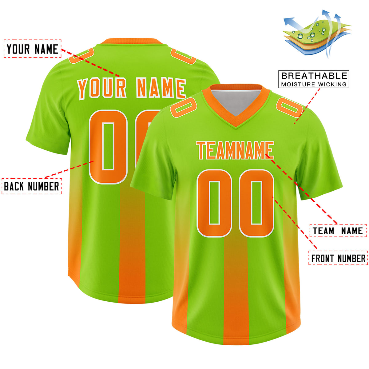 Custom Neon Green Orange Vertical Width Stripe Gradient Fashion Personalized Team Football Jersey