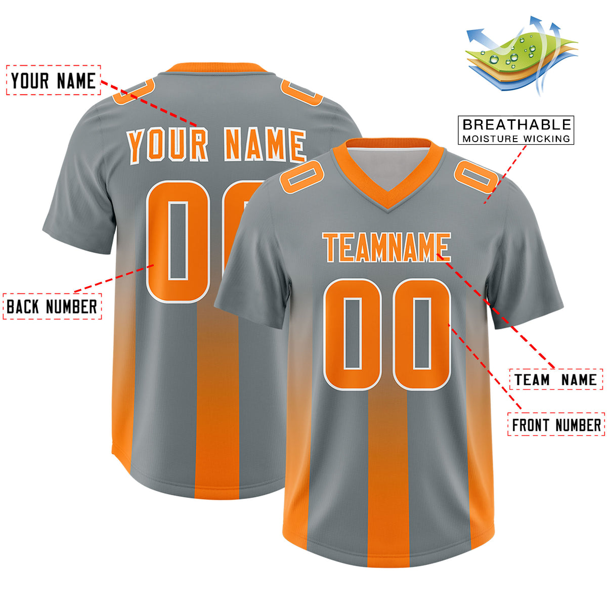 Custom Dark Gray Orange Vertical Width Stripe Gradient Fashion Personalized Team Football Jersey