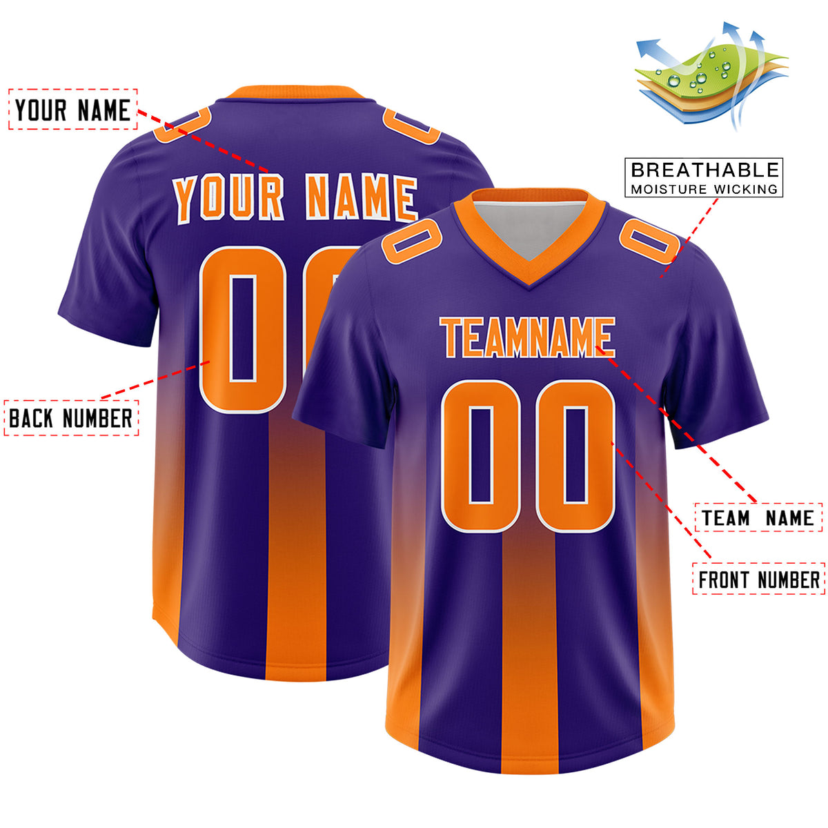 Custom Purple Orange Vertical Width Stripe Gradient Fashion Personalized Team Football Jersey
