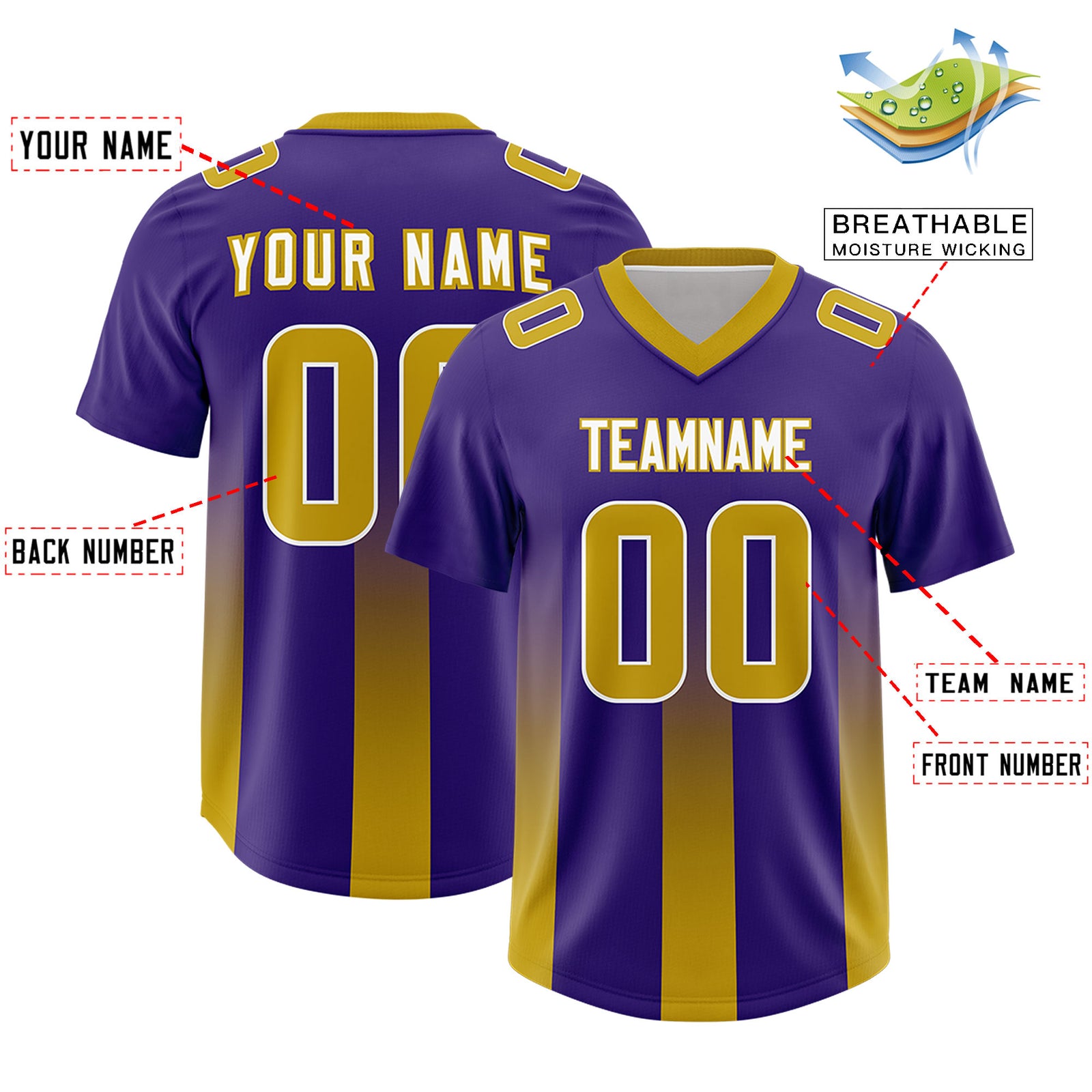 Custom Purple Old Gold Vertical Width Stripe Gradient Fashion Personalized Team Football Jersey