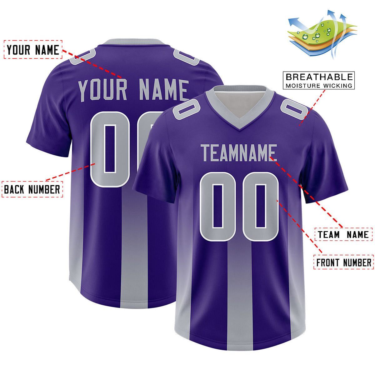 Custom Purple Gray Vertical Width Stripe Gradient Fashion Personalized Team Football Jersey