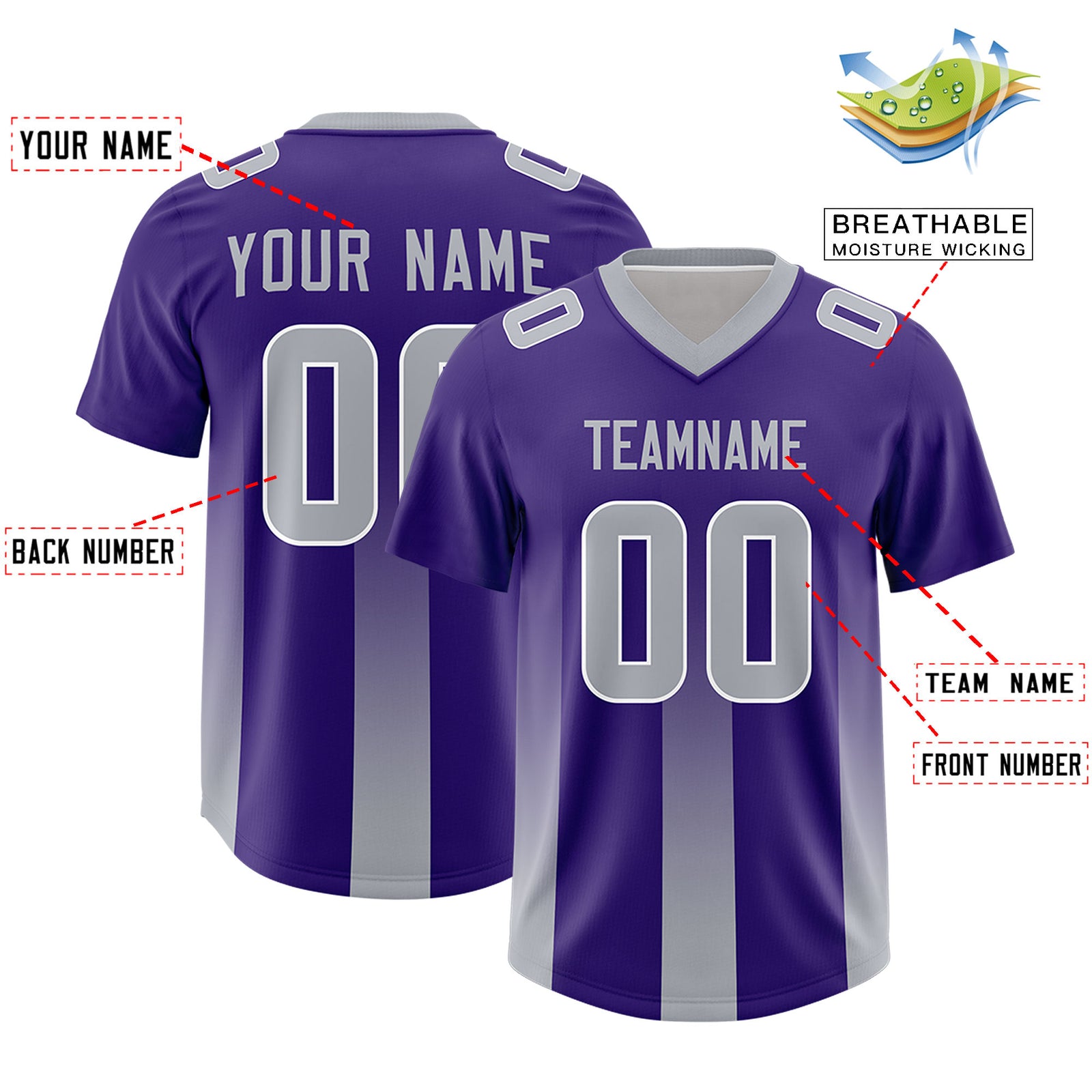 Custom Purple Gray Vertical Width Stripe Gradient Fashion Personalized Team Football Jersey