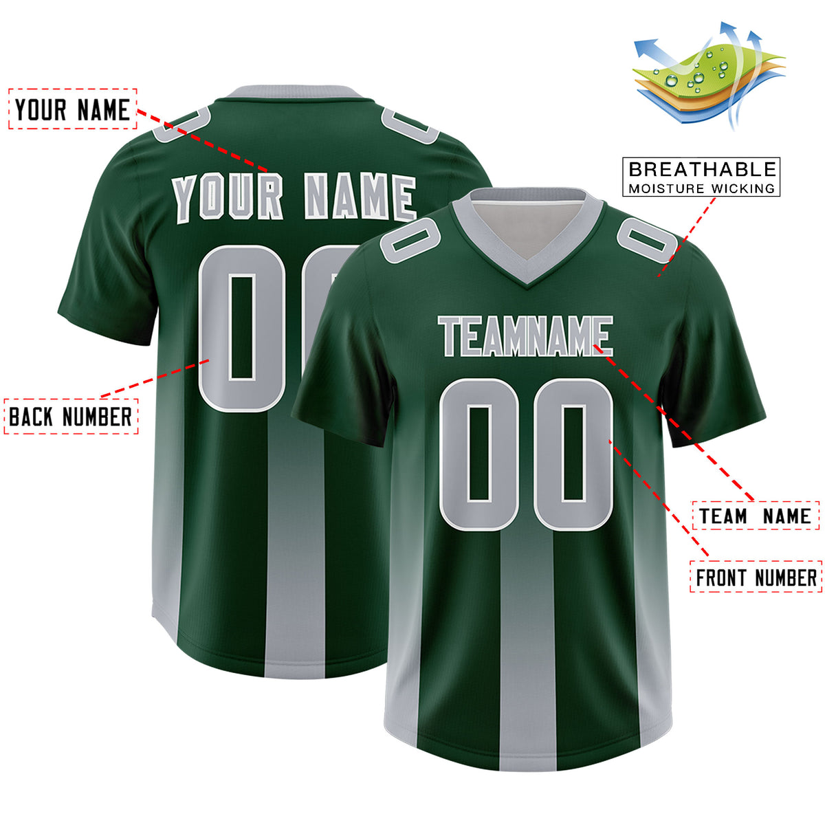 Custom Green Gray Vertical Width Stripe Gradient Fashion Personalized Team Football Jersey