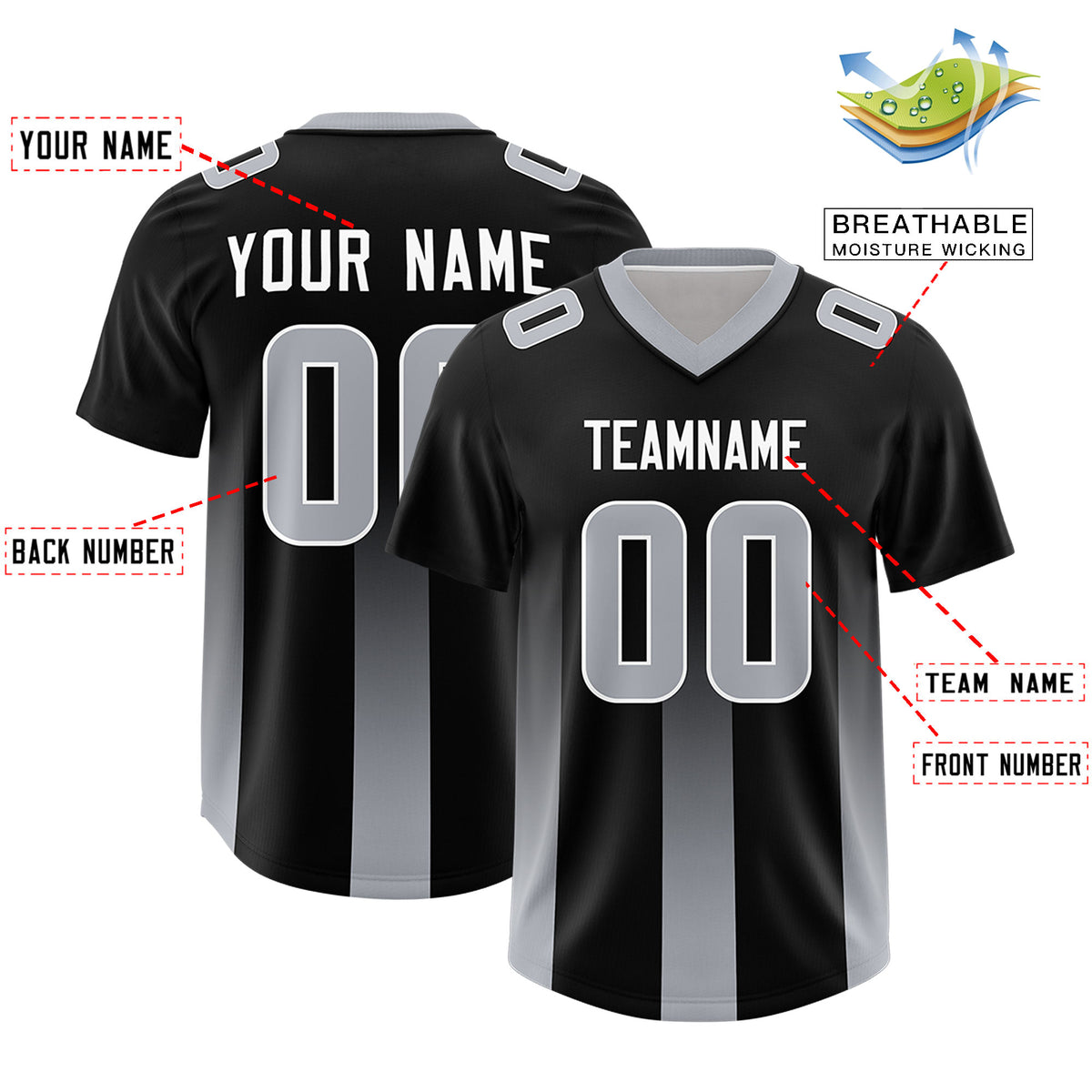 Custom Black Gray Vertical Width Stripe Gradient Fashion Personalized Team Football Jersey