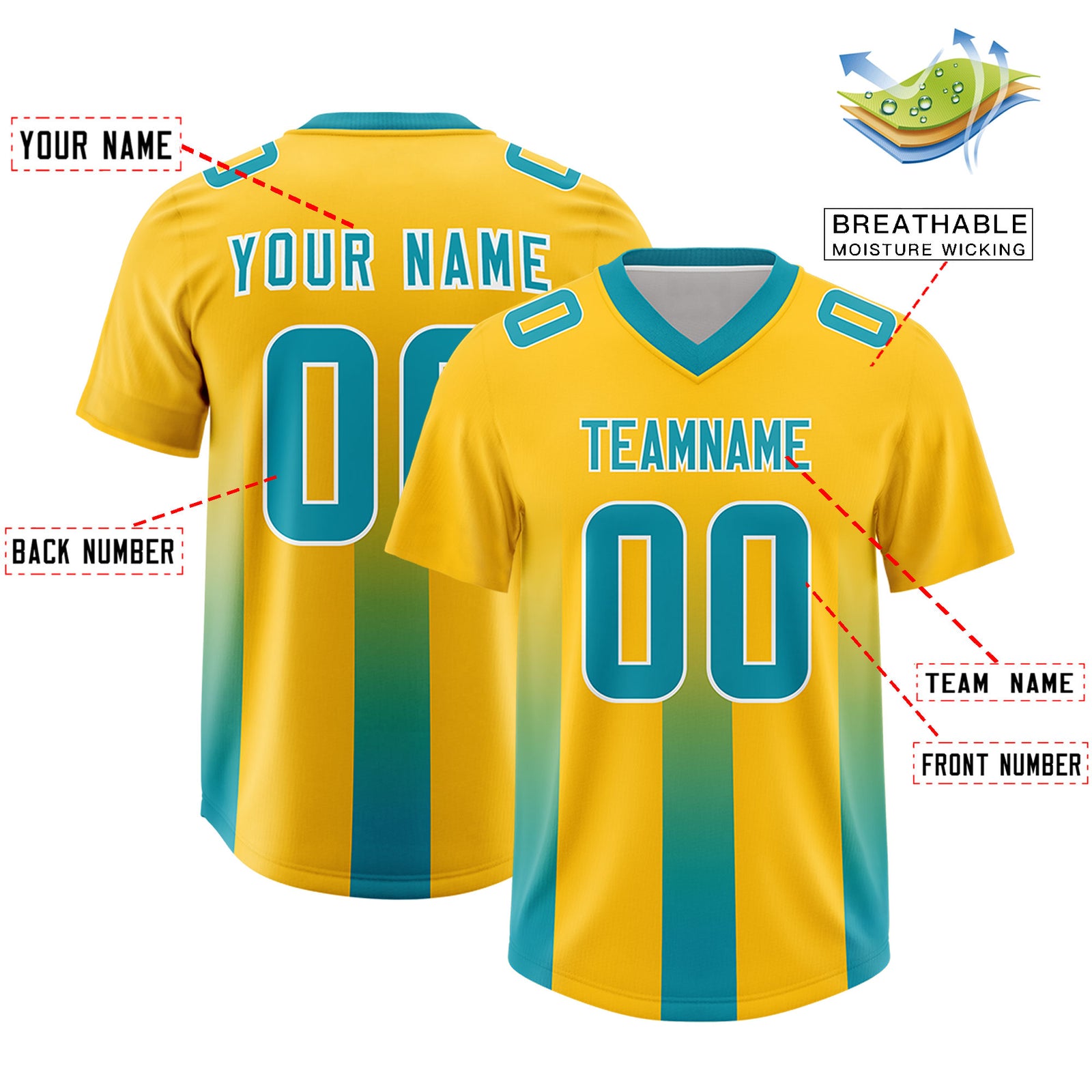 Custom Yellow Aqua Vertical Width Stripe Gradient Fashion Personalized Team Football Jersey