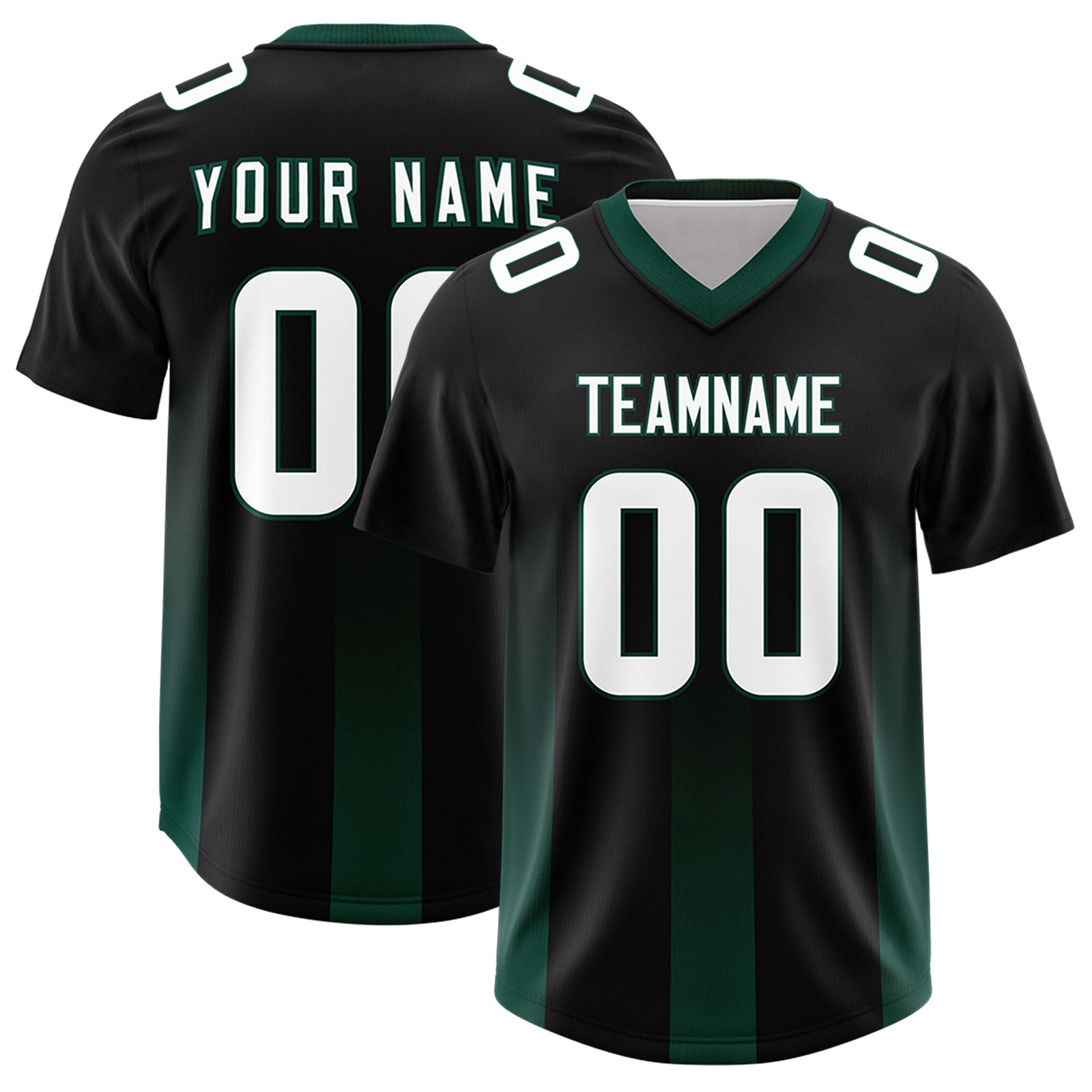 Custom Black Midnight Green Vertical Width Stripe Gradient Fashion Personalized Team Football Jersey