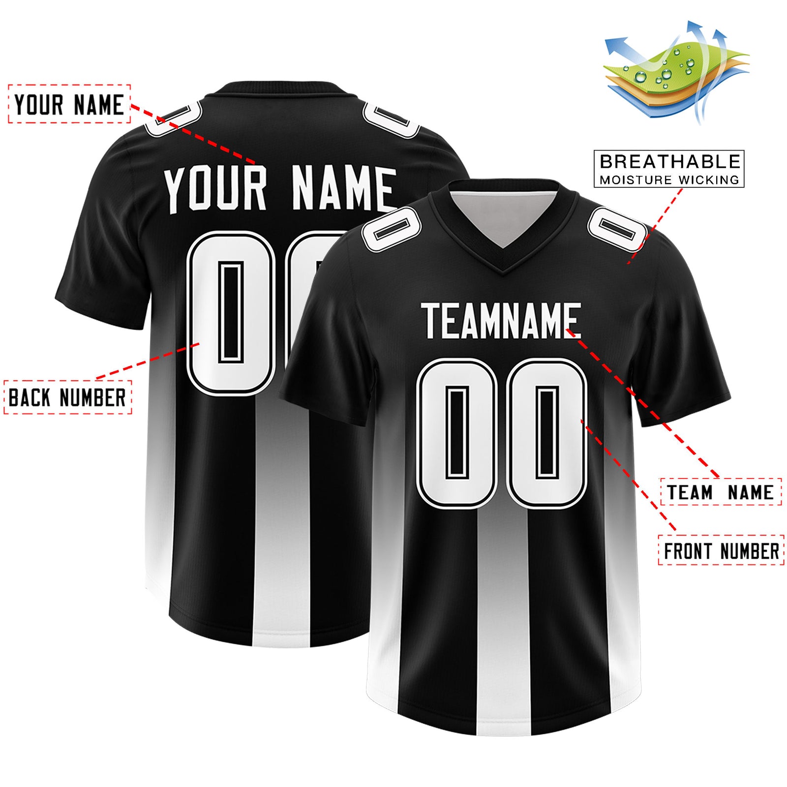 Custom Black White Vertical Width Stripe Gradient Fashion Personalized Team Football Jersey