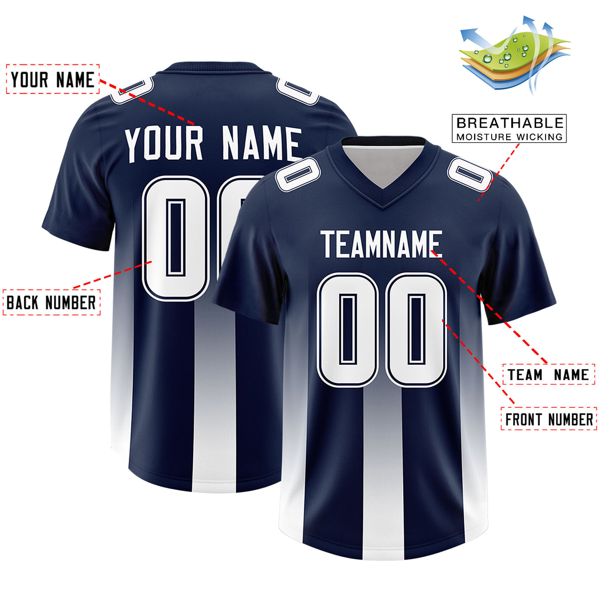 Custom Navy White Vertical Width Stripe Gradient Fashion Personalized Team Football Jersey