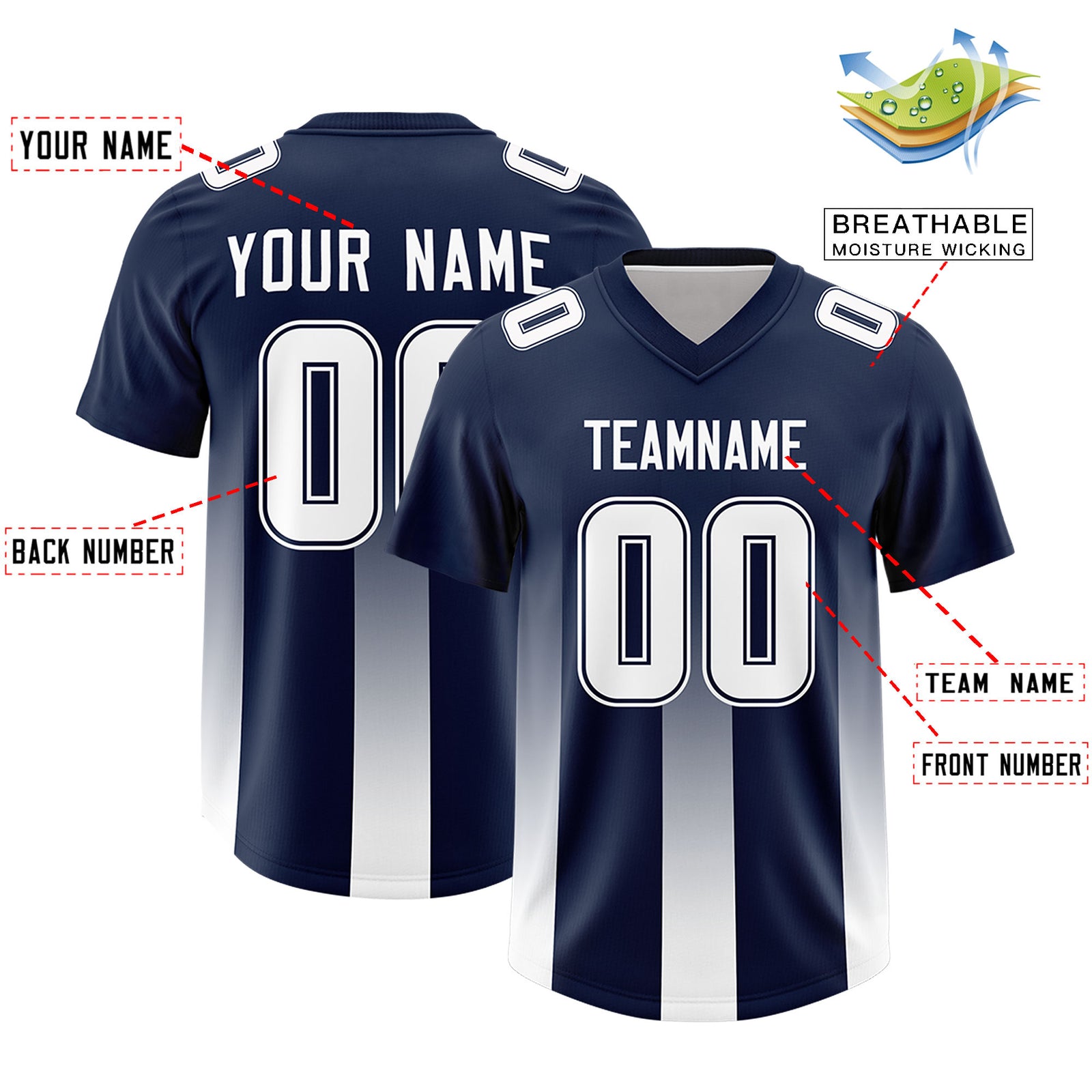 Custom Navy White Vertical Width Stripe Gradient Fashion Personalized Team Football Jersey
