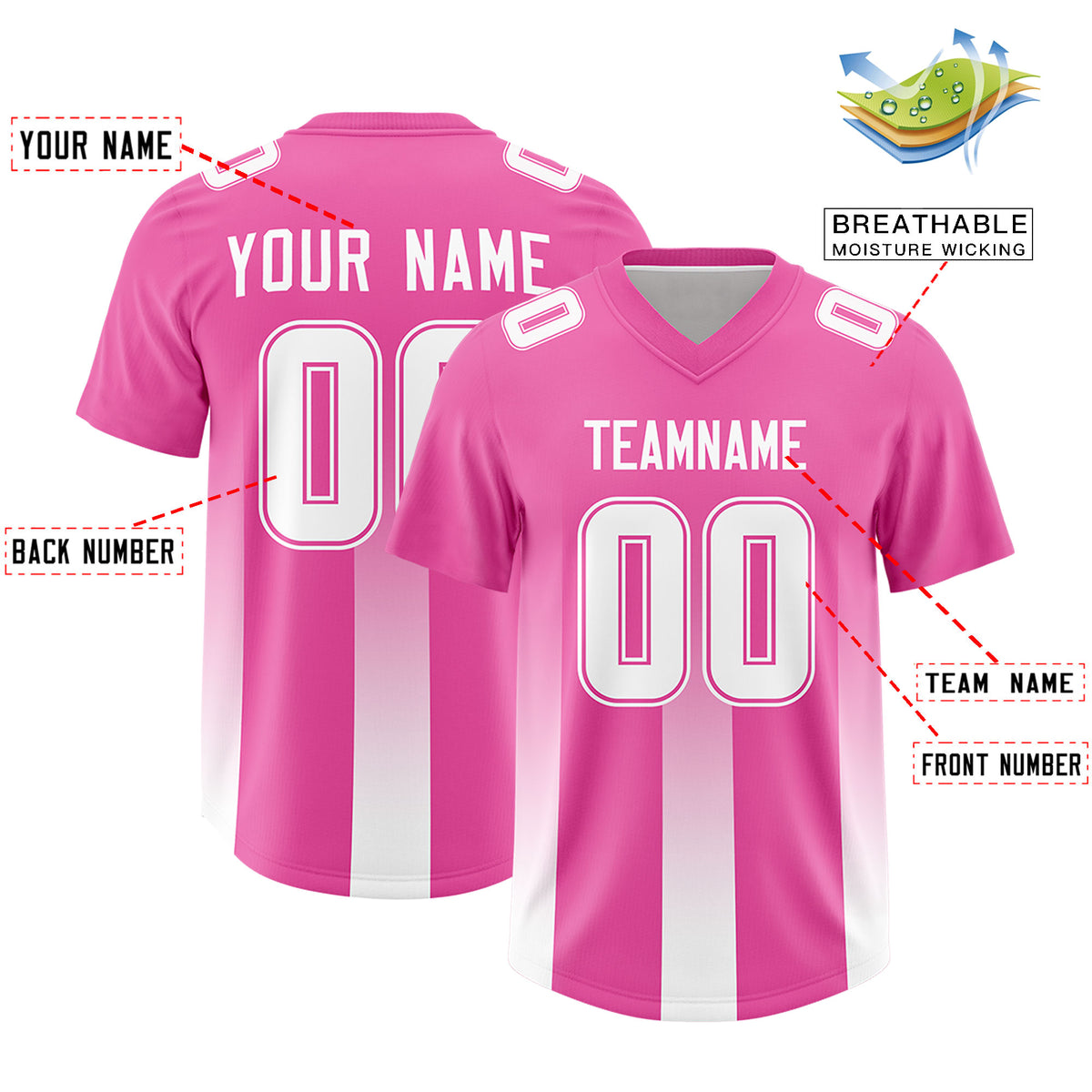 Custom Pink White Vertical Width Stripe Gradient Fashion Personalized Team Football Jersey