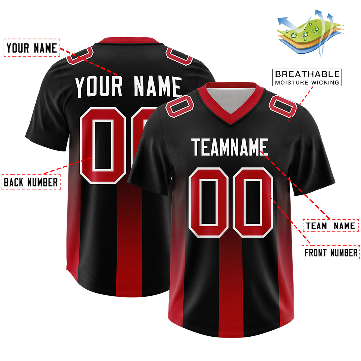 Custom Black Red Vertical Width Stripe Gradient Fashion Personalized Team Football Jersey
