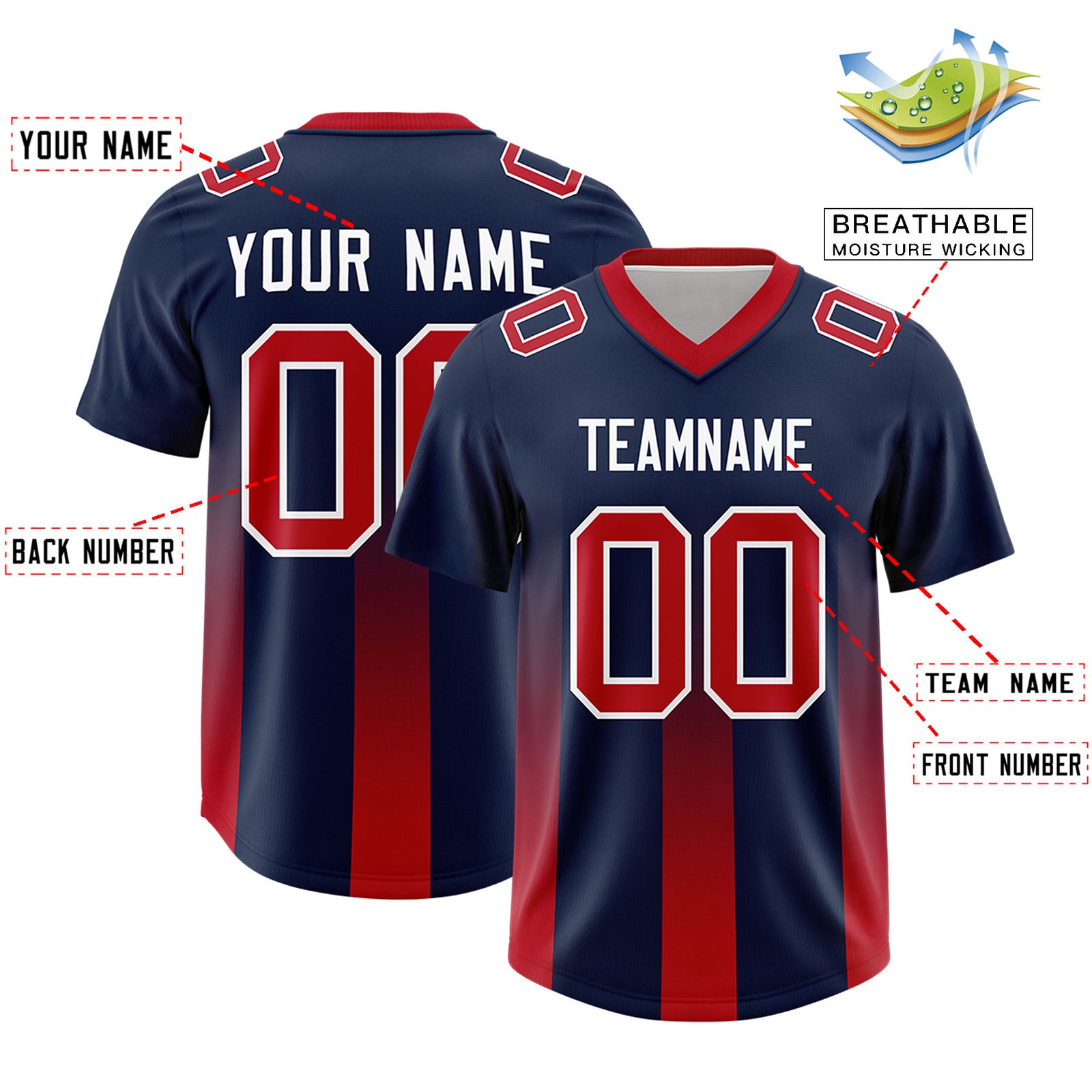 Custom Navy Red Vertical Width Stripe Gradient Fashion Personalized Team Football Jersey
