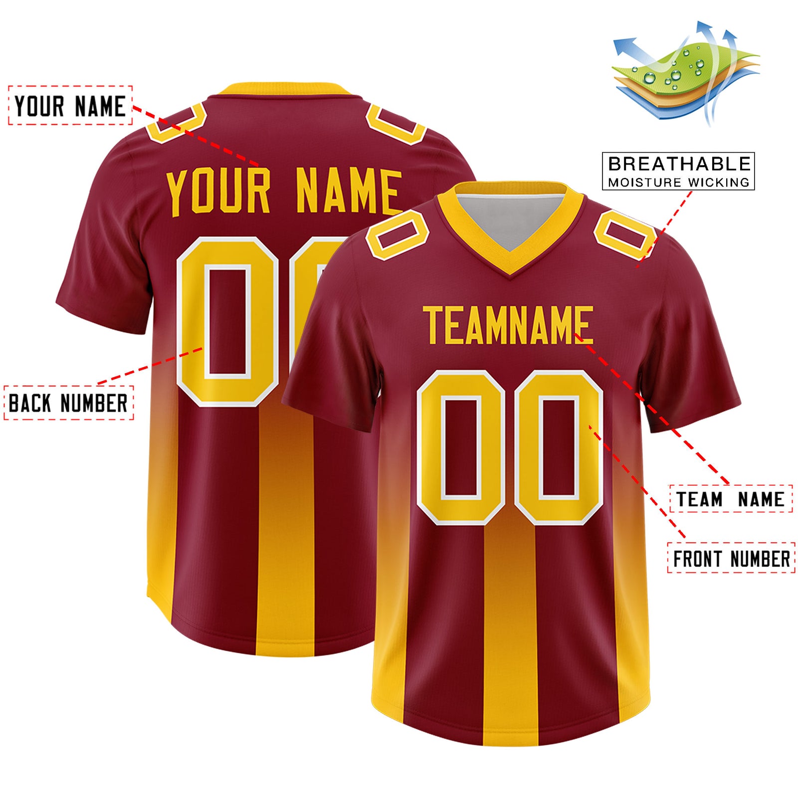 Custom Cardinal Yellow Vertical Width Stripe Gradient Fashion Personalized Team Football Jersey