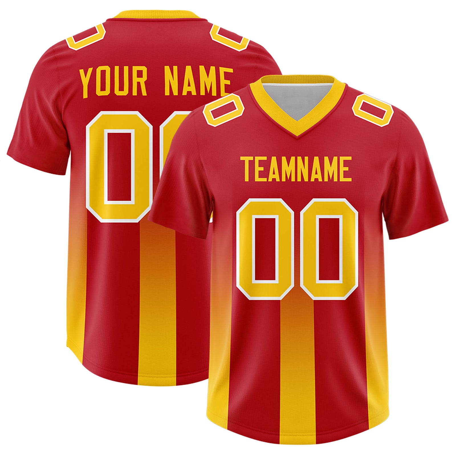 Custom Red Yellow Vertical Width Stripe Gradient Fashion Personalized Team Football Jersey